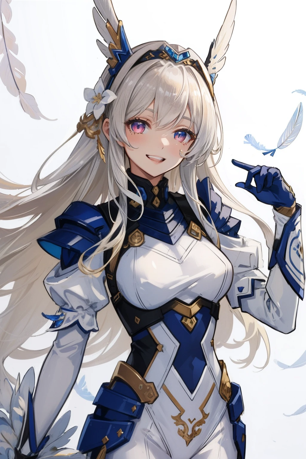 (master piece, Best Quality), Intricate details, valkyrie, kawaii, Happy smile, (((Laugh))), Hand up, Looking at Viewer, Feather Headgear, Flower meadow,
1 girl in, Solo, Portrait, Tentacle Plutinum Blonde Hair, drooping coral pink eyes, Silver Single Thigh, White Independent Single Sleeve, gloves, Single braid,
mecha musume, White bodysuit, Silver Reinforced Suit, Mini Feather Wing, silver pantyhose, full armor, flower decoration
