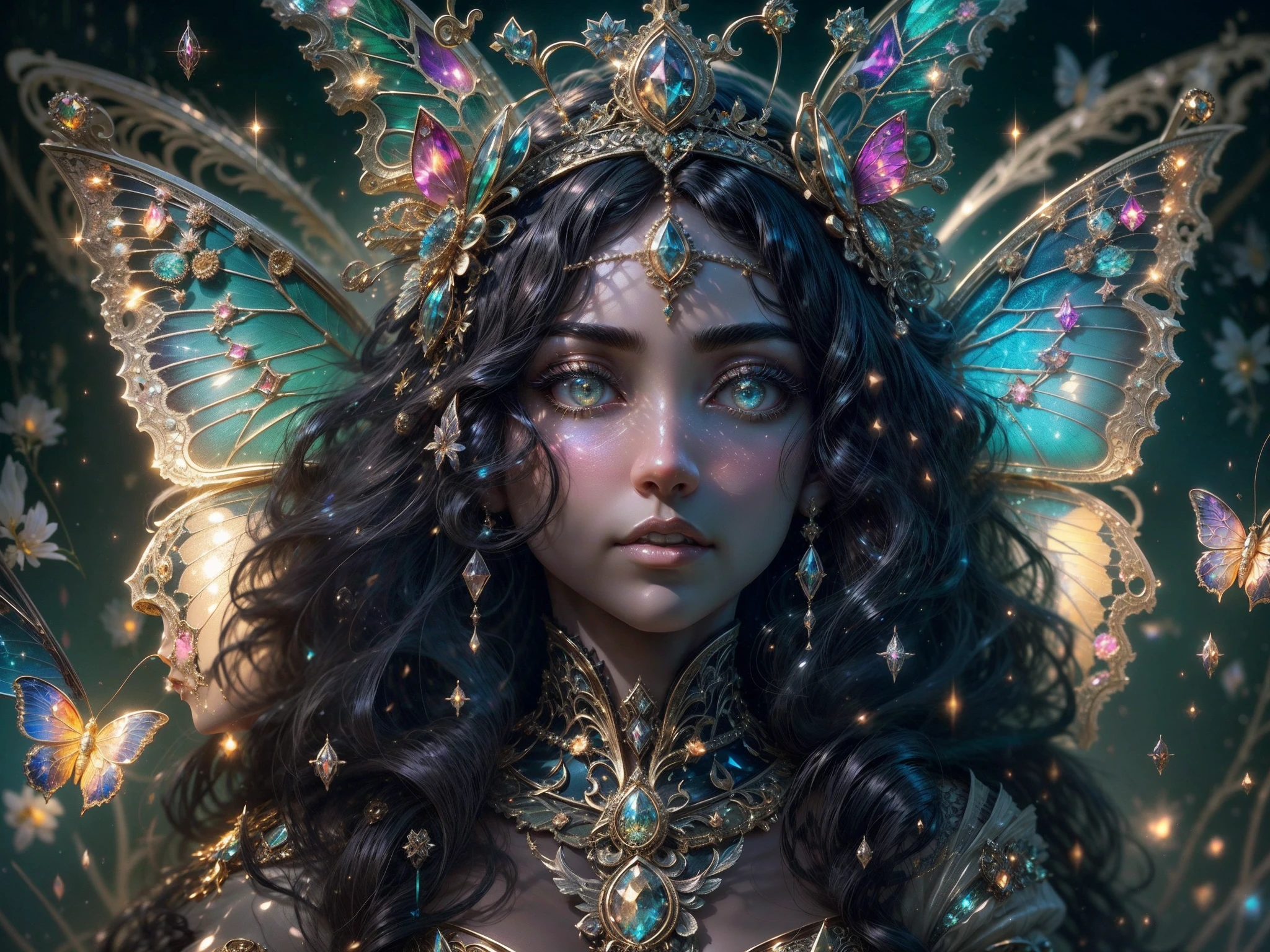 This is a realistic fantasy masterpiece with lots of shimmer, glitter, and intricate ornate detail. Generate one ite woman with a beautiful and delicate crown sitting on a garden swing at night. She is a beautiful and seductive butterfly queen with stunning curly black hair, (((incredibly realistic and detailed dynamic eyes in bright colors with realistic shading))). Her skin is translucent white, her eyes sparkle, and her dress is elegant. Her dress is spun of the finest gossamer silk with delicate, intricate, and subtle floral detailing and gold silk butterfly sleeves. Her face is lovely and lonely. Include glow-in-the-dark flowers, lots of particles, highly realistic fantasy butteflies with translucent jewel-toned wings and fine detailing, and glow. The artwork is done in the style of Guviz and brings to mind masters in the genre such as trending fantasy works on Artstation and Midjourney. Camera: Utilize dynamic composition techniques to emphasize etherealness and delicate detail.