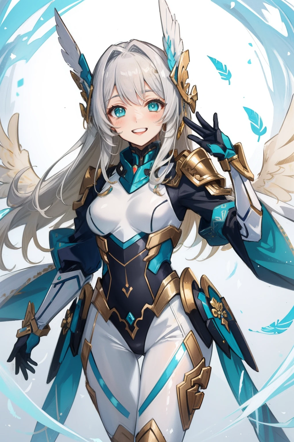 (​master piece, Best Quality),  Intricate details, valkyrie, kawaii, Happy smile, (((Laugh))), Hand up, Looking at Viewer, Feather Headgear, Flower meadow, 
1 girl in, Solo, Portrait, Tentacle Plutinum Blonde Hair, drooping Turquoise eyes, Silver Single Thigh, White Independent Single Sleeve, gloves, Single braid, 
 mecha musume, White bodysuit, Silver Reinforced Suit, Mini Feather Wing, silver pantyhose, full armor, flower decoration