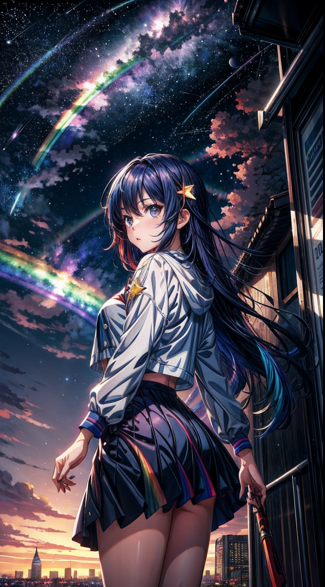 ((Rainbow Giant Shooting Star))、Anime girl looking at big city landscape,Near Future City、 makoto shinkai cyril rolando, anime art wallpaper 4k, anime art wallpaper 4k, Anime art wallpaper 8k, inspired by Cyril Rolando, in the style dan mumford artwork, amazing wallpapers, by Yuumei