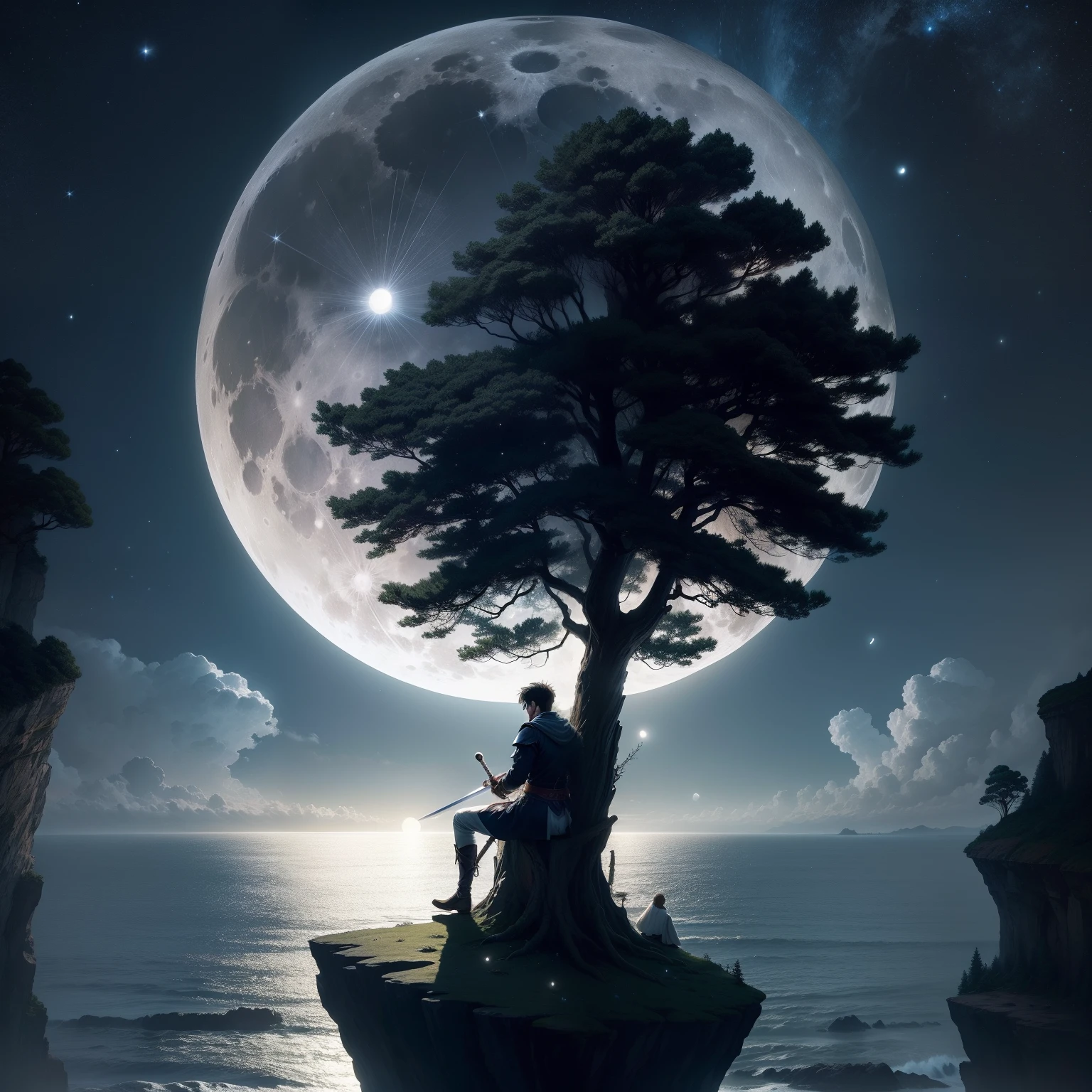 Alapis and a tree on the cliff，The background is the full moon, moonlit night dreamy atmosphere, The swordsman turned his back to the moon, beautiful moonlight night, moon landscape, beautiful moon light, at night with full moon, beautiful moon light, moon full, The lonely man of the full moon, stunning moonlight and shadows, full moon, Very beautiful photos
