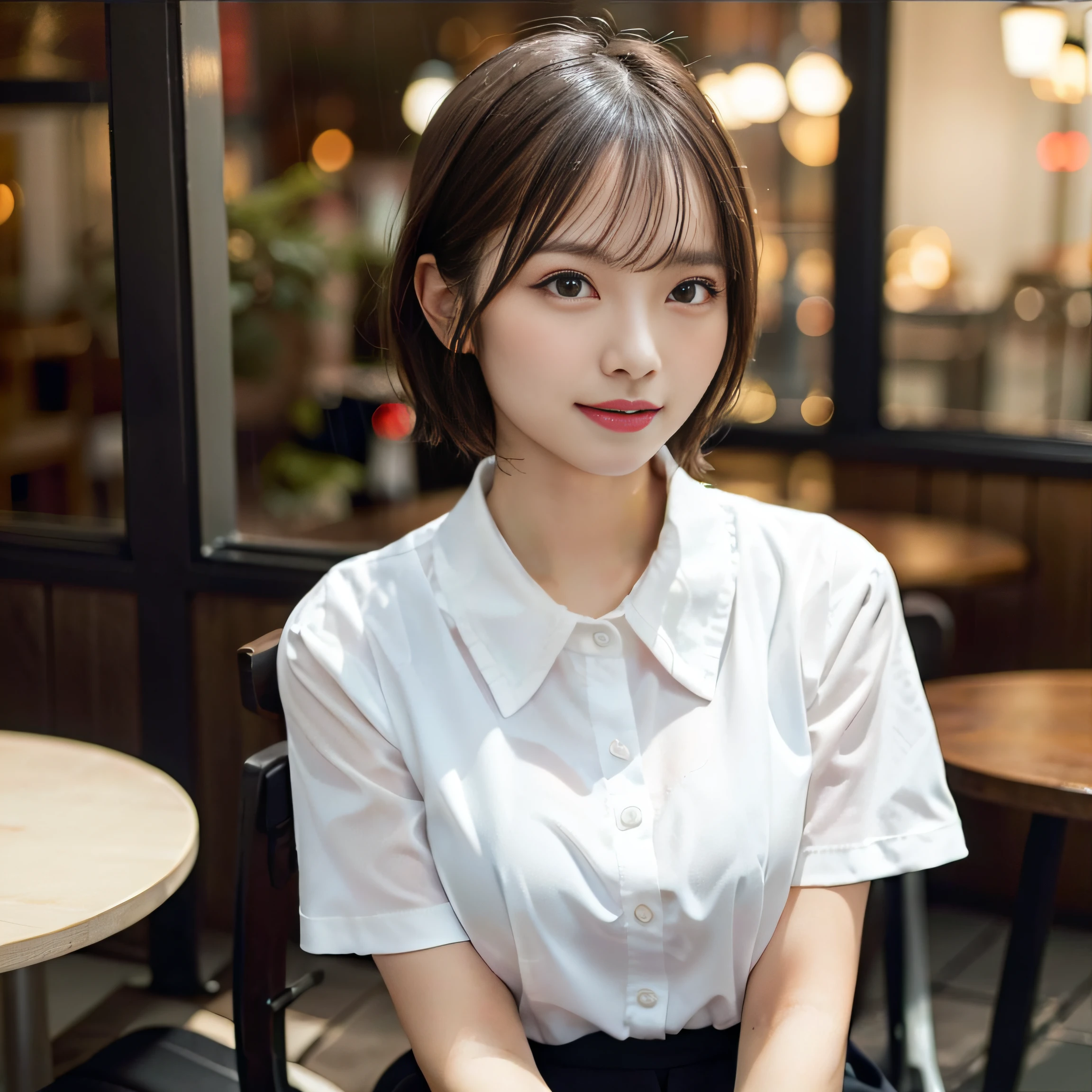 (8k, top quality, masterpiece: 1.2), (realistic, photorealistic: 1.37), super detailed, girl alone, erotic, female genitalia, big breasts, cute, alone, beautiful detailed sky, detailed café, night, sitting, date, (blush), (smile: 1.15),(closed)small,beautiful details,(shirt with collar:1.1),night,wet,business wear,rain,white lace,( Short hair:1.2),Floating hair NovaFrogStyle,nfsw