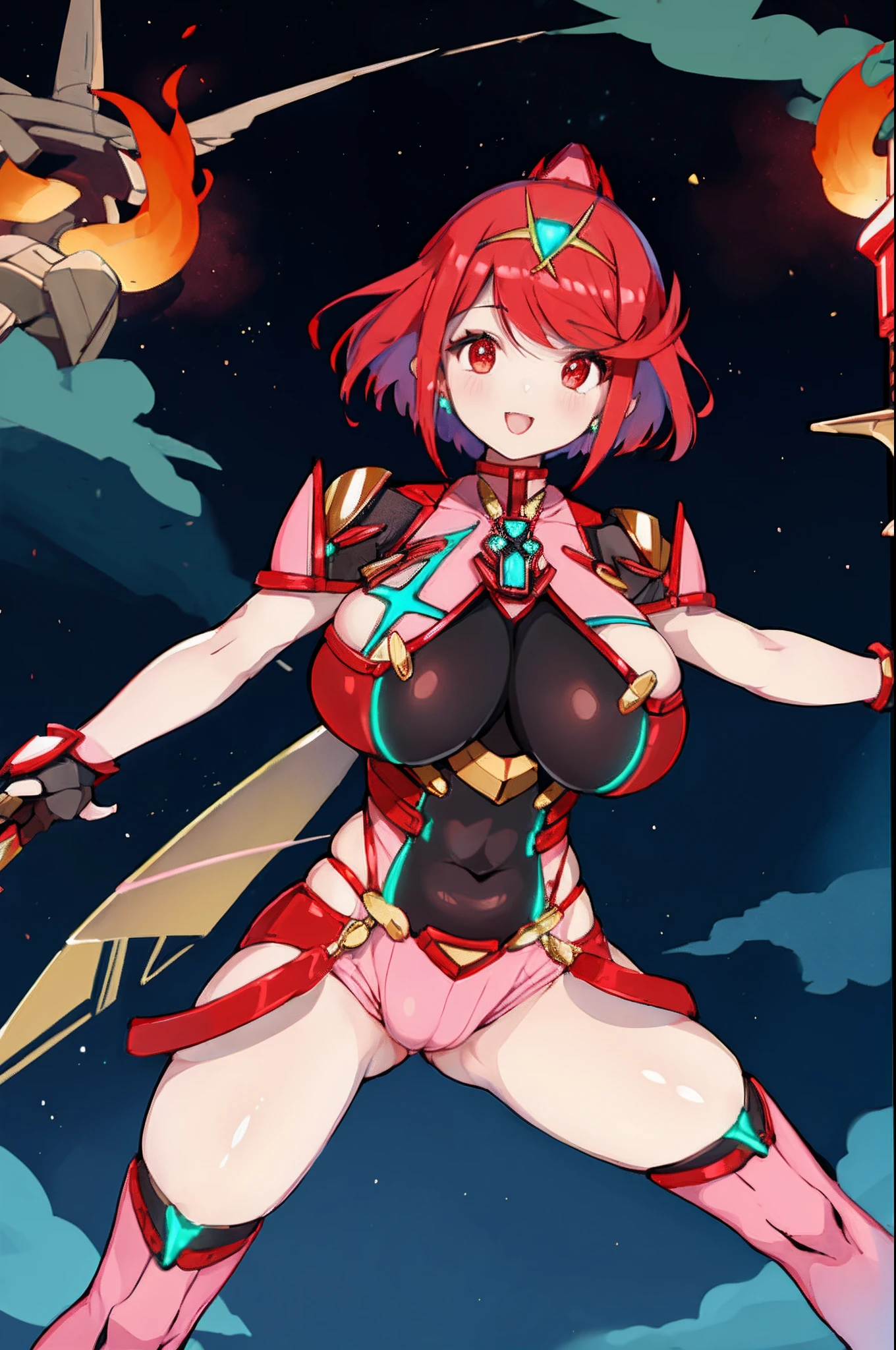 pyra \(xenoblade\), _1girl, loliarmor, bangs, black gloves, breasts, red eyes, light_open_mouth, earrings, eyelashes, fingerless gloves, floating hair, framed breasts, gem, gloves, hair ornament, headpiece, jewelry, big_breasts, leaning back, leotard, neon trim, official art, pose, red hair, red shorts, saitou masatsugu, short hair, short shorts, short sleeves, shorts, sidelocks, skin tight, solo, swept bangs, thighhighs, tiara, fantasy_town_background, turtleneck, underbust, vambraces, xenoblade chronicles \(series\), (xenoblade chronicles 2), (spread_legs:1.1), fire_effect,dynamic_pose,fighting,light_smile, (plump:1.4), big_ass,huge_sword, hold_large_sword_hilt, covered_nipples, (covered_pussy:1.2),cameltoe,back_view, fists,ponytail,plump,beautiful_fingers,(solo:1.1)