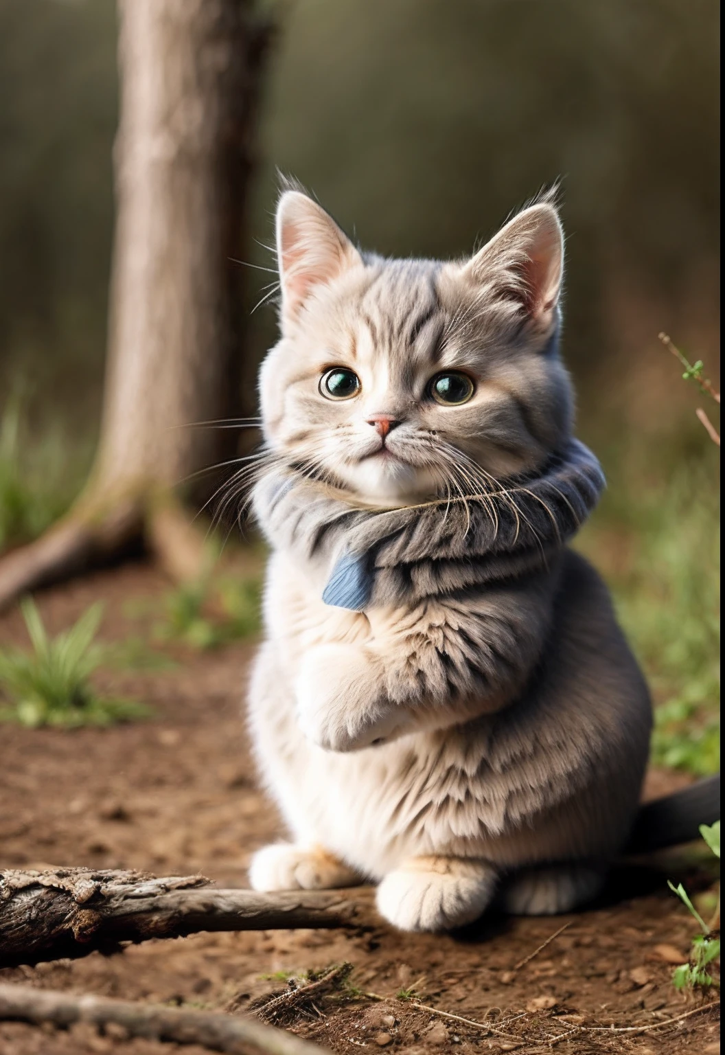 Fluffy cat sitting near the roots of a tree in the middle of the mountain, cute