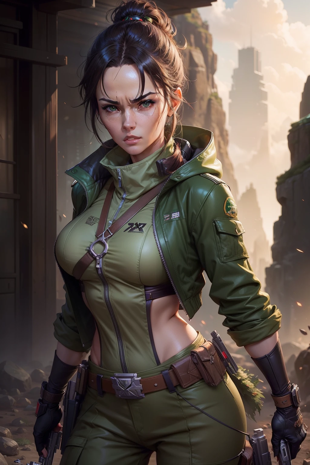 Alafed woman in green jacket and brown belt holding gun, By Shinkai Makoto ( Apex Legends ), wojtek fus, artgerm julie bell beeple, alena aenami and artgerm, artgerm and atey ghailan, smooth digital concept art, Stunning character art, fanart best artstation, ross tran 8 k