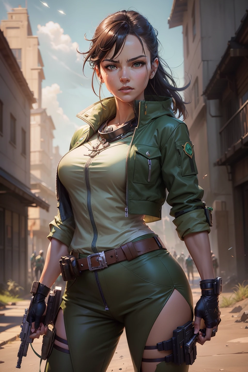 Alafed woman in green jacket and brown belt holding gun, By Shinkai Makoto ( Apex Legends ), wojtek fus, artgerm julie bell beeple, alena aenami and artgerm, artgerm and atey ghailan, smooth digital concept art, Stunning character art, fanart best artstation, ross tran 8 k