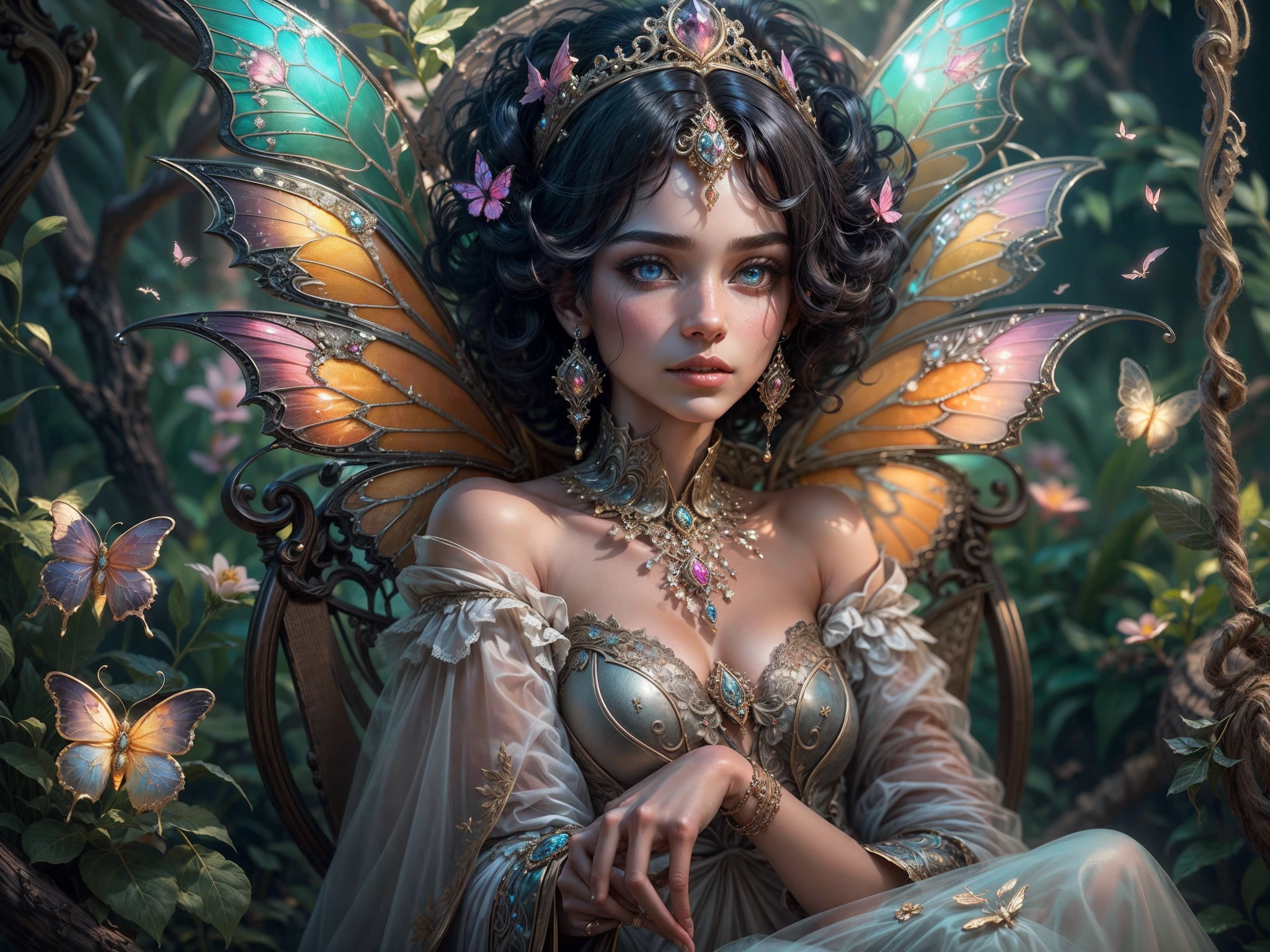 This is a realistic fantasy masterpiece with lots of shimmer, glitter, and intricate ornate detail. Generate one petite woman with a beautiful and delicate crown sitting on a garden swing at night. She is a beautiful and seductive butterfly queen with stunning curly black hair, (((incredibly realistic and detailed dynamic eyes in bright colors with realistic shading))).  Her skin is translucent white, her eyes sparkle, and her dress is elegant. Her dress is spun of the finest gossamer silk with delicate, intricate, and subtle floral detailing and gold silk butterfly sleeves. Her face is lovely and lonely. Include glow-in-the-dark flowers, lots of particles, highly realistic fantasy butteflies with translucent jewel-toned wings and fine detailing, and glow. The artwork is done in the style of Guviz and brings to mind masters in the genre such as trending fantasy works on Artstation and Midjourney. Camera: Utilize dynamic composition techniques to emphasize etherealness and delicate detail.