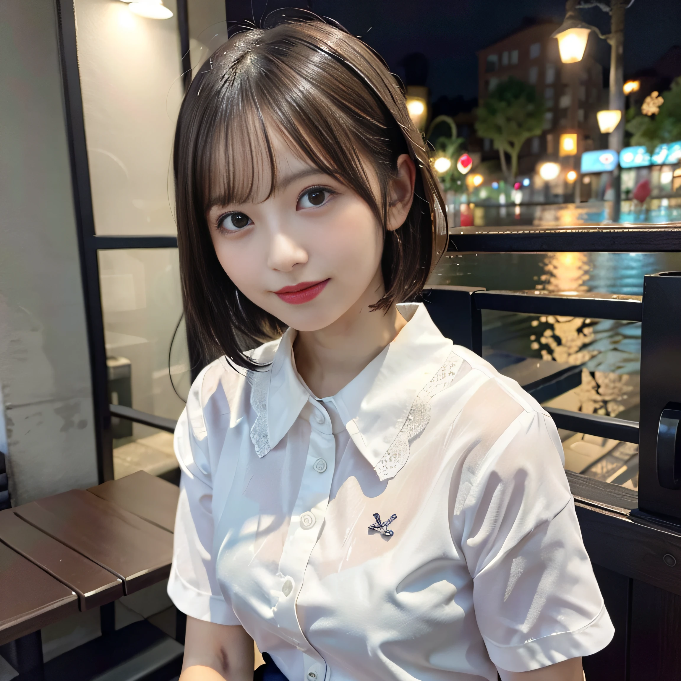 (8k, top quality, masterpiece: 1.2), (realistic, photorealistic: 1.37), super detailed, girl alone, erotic, female genitalia, big breasts, cute, alone, beautiful detailed sky, detailed café, night, sitting, date, (blush), (smile: 1.15),(closed)small,beautiful details,(shirt with collar:1.1),night,wet,business wear,rain,white lace,( Short hair:1.2),Floating hair NovaFrogStyle,nfsw