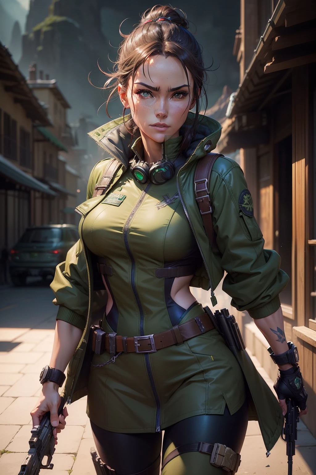 Alafed woman in green jacket and brown belt holding gun, By Shinkai Makoto ( Apex Legends ), wojtek fus, artgerm julie bell beeple, alena aenami and artgerm, artgerm and atey ghailan, smooth digital concept art, Stunning character art, fanart best artstation, ross tran 8 k