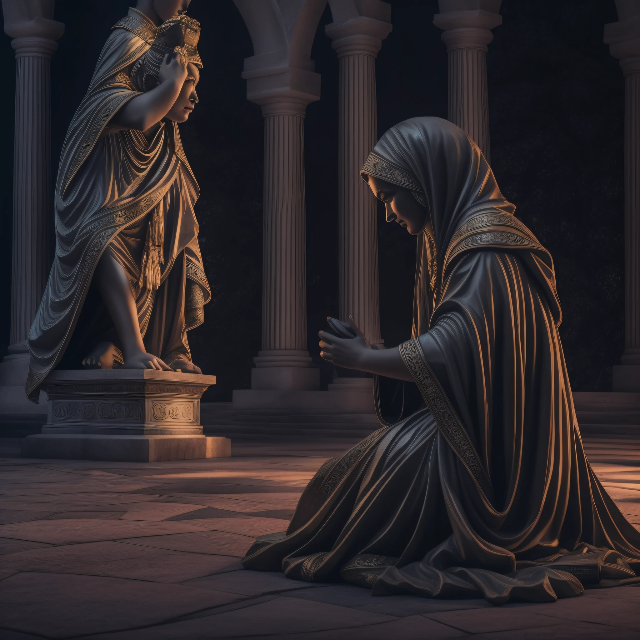 Statue of a begging woman kneeling at the feet of a king in majestic robes, em frente de um castelo, Scary in the Dark, detalhada , fundo neutro ,fotorrealista, cinematographic scene, super detalhada, Hiper realista, luzes brilhantes, 8k