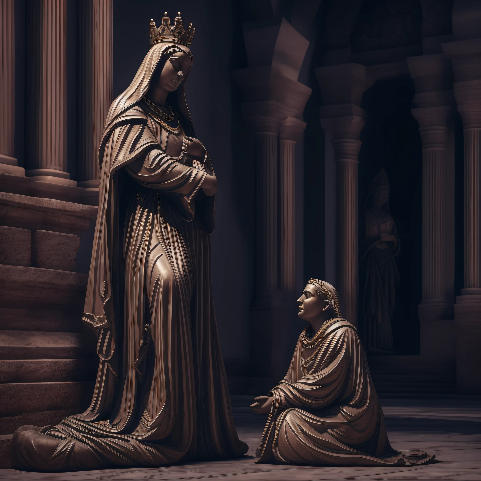 Statue of a begging woman kneeling at the feet of a king in majestic robes, em frente de um castelo, Scary in the Dark, detalhada , fundo neutro ,fotorrealista, cinematographic scene, super detalhada, Hiper realista, luzes brilhantes, 8k