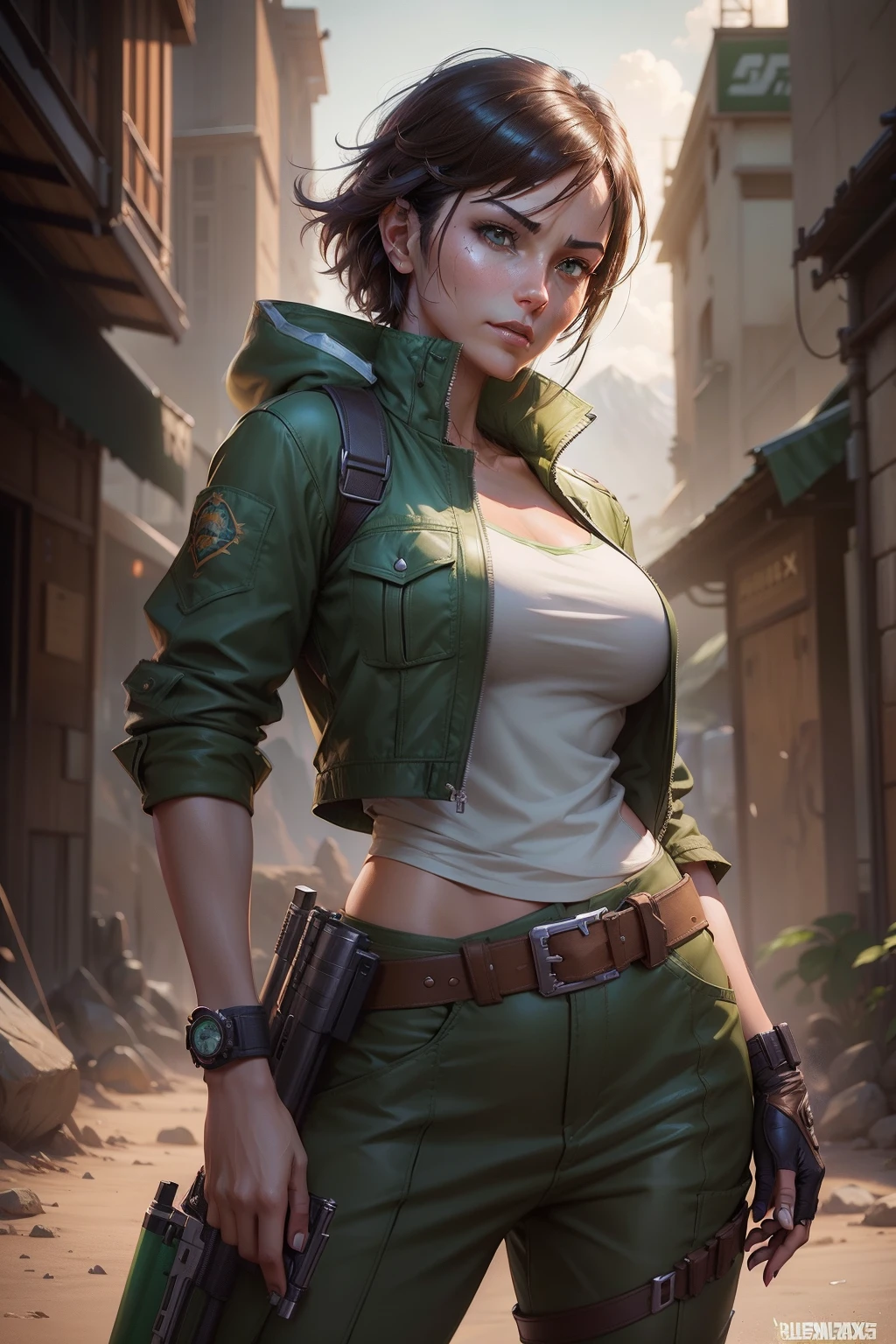 Alafed woman in green jacket and brown belt holding gun, By Shinkai Makoto ( Apex Legends ), wojtek fus, artgerm julie bell beeple, alena aenami and artgerm, artgerm and atey ghailan, smooth digital concept art, Stunning character art, fanart best artstation, ross tran 8 k