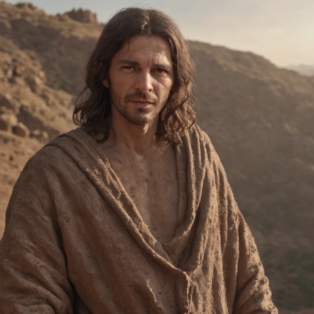 (Professional 3D rendering:1.3) de (Realistic:1.3) Foto de arte mais bonita do mundo,Features soft, bright male heroes, ((Peter approaches Jesus in the dusty hills of Judea, in dynamic pose, fantastic location, majestoso ambiente desordenado)), corpo inteiro 8k unidade render, action shot, poros da pele, very dark lighting, sombreamento pesado, circunstanciado, Rosto detalhado, (vibrante, fotogrdeia realista, Realistic, Dramatic, Escuro, foco nítido, 8k), (Old leather clothes damaged by bad weather:1.4), ((((Use peles)))), (intrincado:1.4), decadente, (altamente detalhado:1.4), pintura digital, rendering by octane, art stations, Conceito-Arte, liso, foco nítido, illustration, germe da arte, (Loish:0.23), Wlop Ilya Kuvshinov, e Greg Rutkowski e Alphonse Mucha Gracias, (global ilumination, studiolight, Light Volumetric), chuva forte, floating particles, patife, fantasia, Onze, corpo inteiroesbian, ((Fundo escuro e antigo da cidade:1.3)),CGSesociedade,art stations
