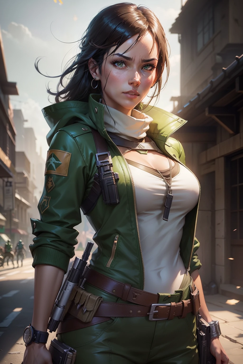 Alafed woman in green jacket and brown belt holding gun, By Shinkai Makoto ( Apex Legends ), wojtek fus, artgerm julie bell beeple, alena aenami and artgerm, artgerm and atey ghailan, smooth digital concept art, Stunning character art, fanart best artstation, ross tran 8 k