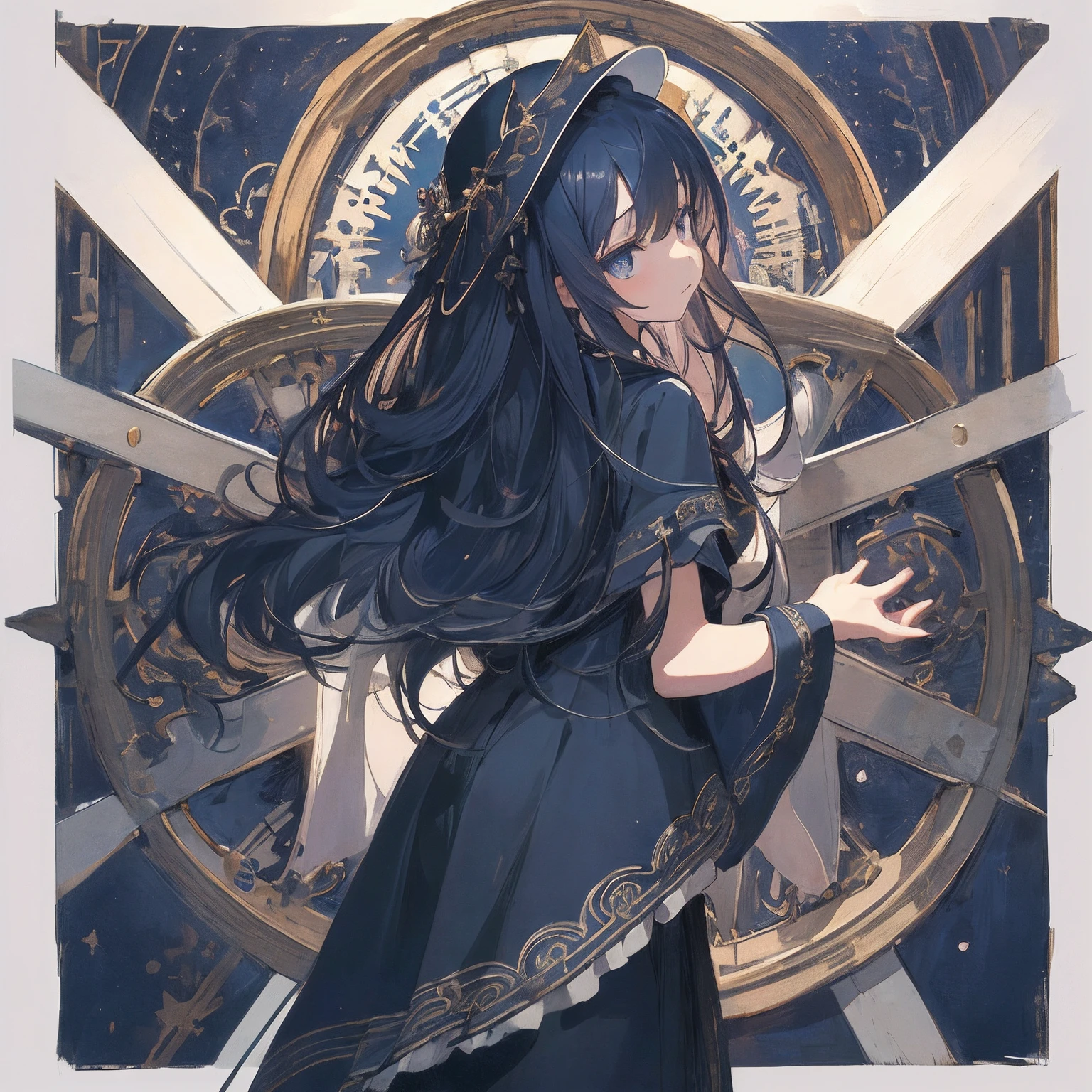 (​masterpiece、top-quality、hightquality)、1little girl、18-year-old girl、long wavy hair of dark blue color、Black and white Gothic costume、religion、Sister、aureole、Deities、mistic、Offering Prayers、fold hand with、befall、Rear wheels、Wear a small hat