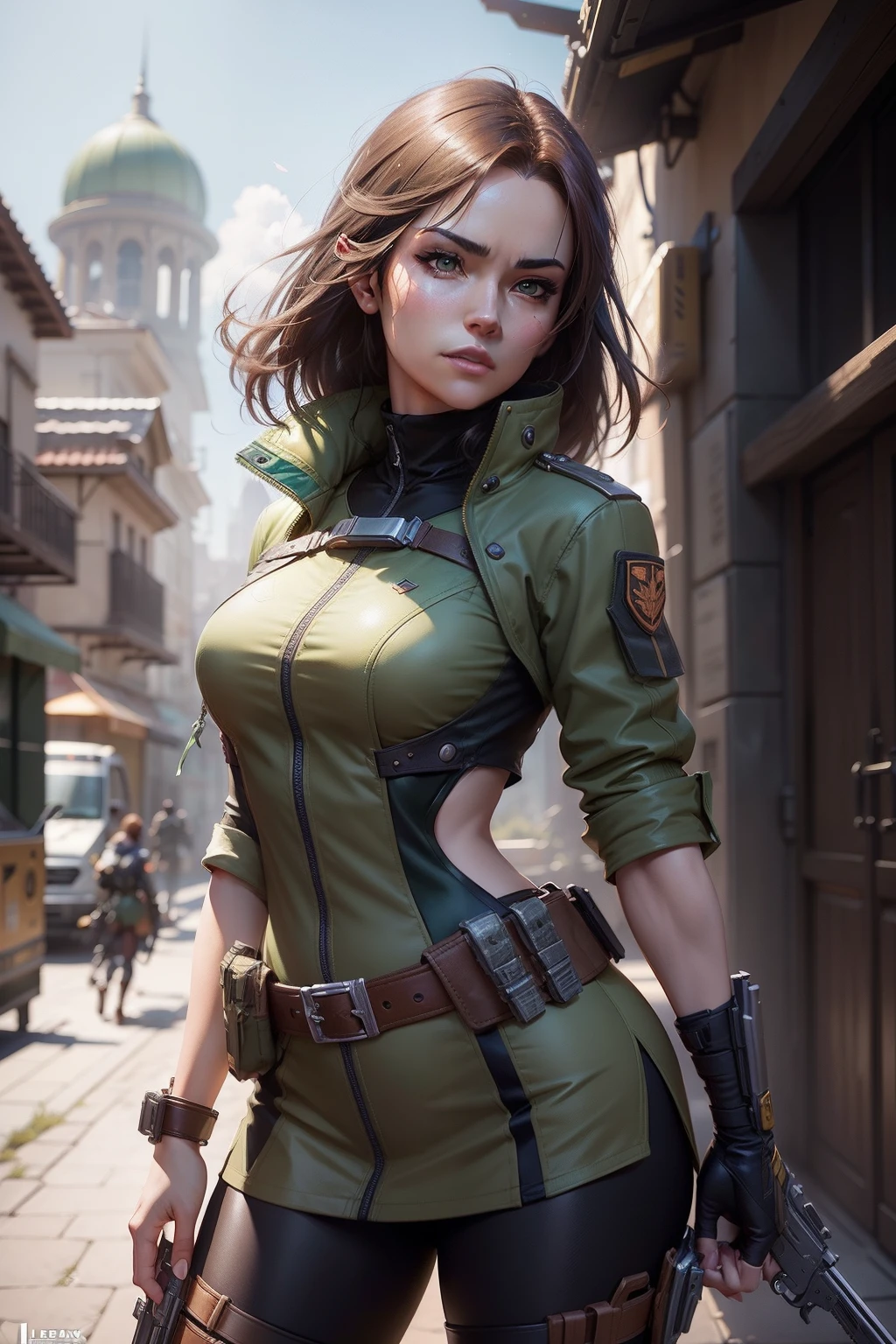 Alafed beauty woman in green jacket and brown belt with brown hair holding gun, By Shinkai Makoto ( Apex Legends ), wojtek fus, artgerm julie bell beeple, alena aenami and artgerm, artgerm and atey ghailan, smooth digital concept art, Stunning character art, fanart best artstation, ross tran 8 k realisitic Precision Details unrealengine