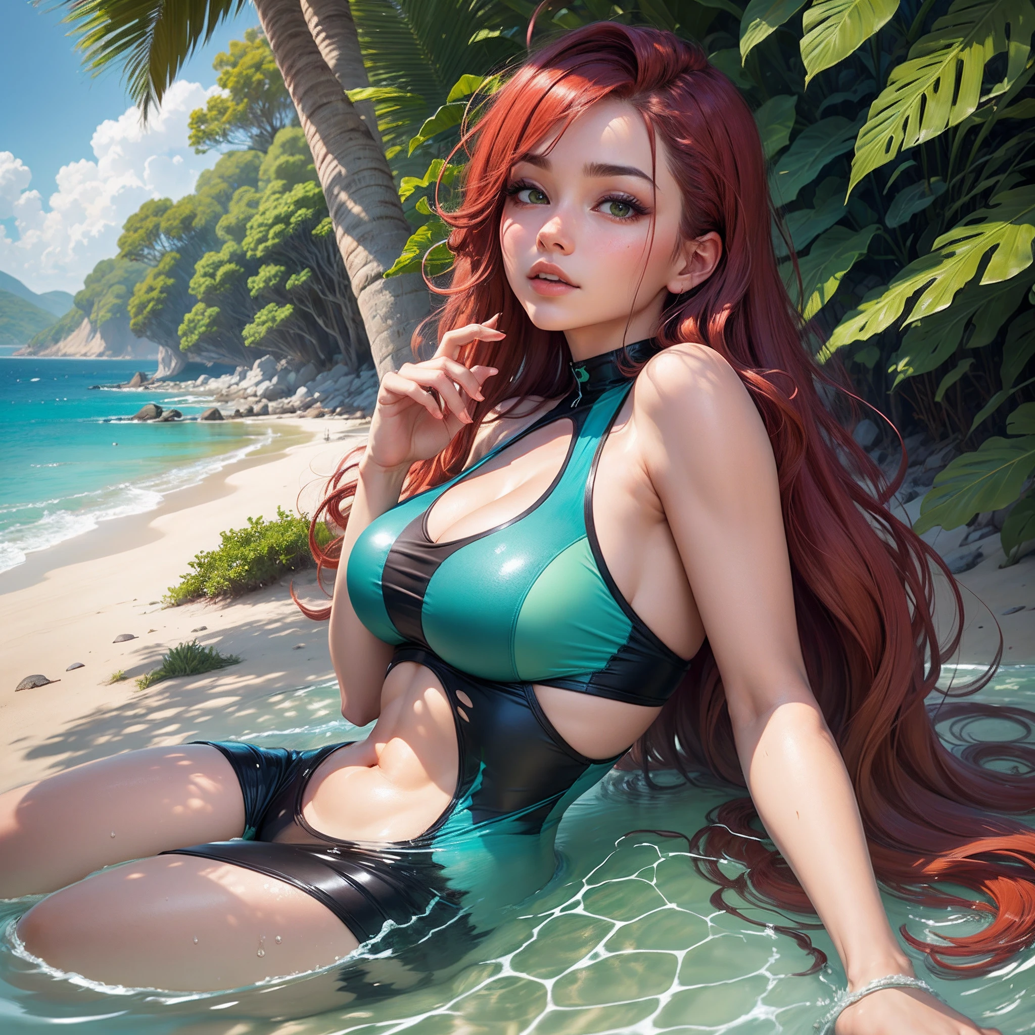 Scene: A serene and expansive beach, where the golden sands meet the gentle embrace of azure waves. The horizon stretches endlessly, only interrupted by the occasional sailboat. The air is filled with the sound of gulls and the distant murmur of conversations, while a gentle breeze carries the salty tang of the ocean.
Character: The female lead, a figure of natural beauty and grace. Her skin glistens with a touch of sea spray, radiating confidence and comfort in her own skin.
Facial Features:
• Hair: Long, vibrant ((red)) hair cascading freely down her back, kissed by the sun and tousled by the breeze.
• Eyes: Mesmerizing ((green)) that reflect the vast expanse of the ocean before her.
• Lips: (((Plump and heart-shaped))), unpainted yet naturally rosy, slightly parted in a relaxed expression.
• Cheekbones: ((High and prominent)), catching the soft sunlight, giving her face a gentle glow.
Physique: Elegantly toned, her form harmonizes perfectly with the surrounding nature. Every movement, whether she’s strolling along the shoreline or simply reclining on her beach mat, exudes an air of tranquility and contentment.
Ambience: The atmosphere is one of mutual respect and acceptance. Nearby beachgoers are engrossed in their own activities - reading, sunbathing, playing beach games, or swimming in the crystal-clear waters.
Expression & Posture: Lost in thought, she gazes out to the horizon, perhaps reminiscing or simply enjoying the moment. Her posture is relaxed and open, a symbol of her comfort and acceptance of both herself and the environment around her. --auto --s2