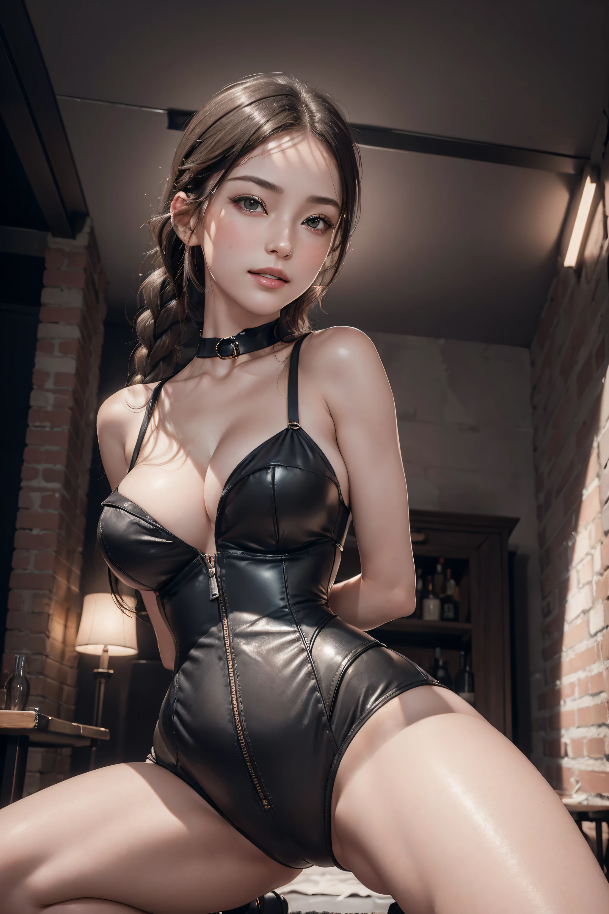 (1girl:1.3, solo), (((night situation:1.5))), (Masterpiece, best quality, photorealistic, highres, photography, :1.3), ultra-detailed, sharp focus, professional photo, commercial photo, (upper body:1.3, bust-up portrait), (squatting at floor:1.3, spread legs:1.3, leaning against:1.3, arms behind back:1.3, arms down:1.3), (simple antique playroom background, brothel:1.3), (((from below:1.5))),
BREAK,
1 brunette girl, solo, vulgarity, hot attendant, hot model, highly detailed eyes and pupils, realistic skin, (attractive body, gigantic breast:1.25, thin waist:1.15), thin half-up hair, single braid hair, medium-length hair, extremely detailed hair, delicate sexy face, sensual gaze, shiny lips,
BREAK,
wearing a black luxury leather corset:1.3, braid corset:1.3, off-shoulder corset:1.3, leather reflection, leather choker:1.3,
BREAK,
looking at viewer, cinematic lighting, in the dark, deep shadow, at night, natural shading, low key, intricate detail, detailed skin, pore, highres, hdr, 4k, realistic,
BREAK,
(attractive posing), ((realistic, super realistic, realism, realistic detail)), perfect anatomy, perfect proportion, bokeh, depth of field, hyper sharp image, (attractive emotion, seductive smile:1.2, happy:1.2, blush:1.2, :d:1.2, :p:1.2), 4fingers and thumb, perfect human hands, (professional studio soft light, cinematic light, bar light, rim lighting, low key, in the dark),
