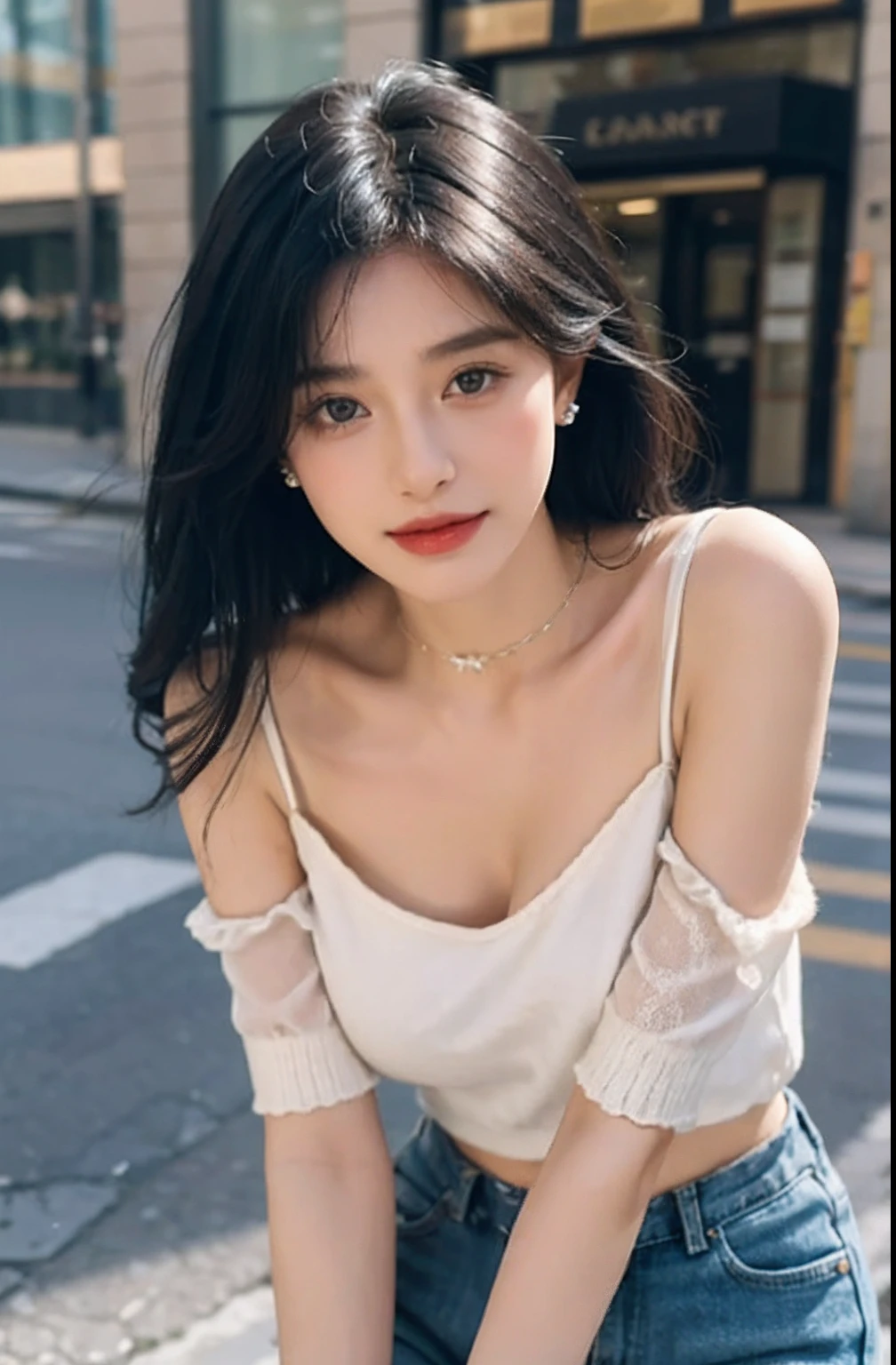 （（jon，Black color hair））， randome pose， （An extremely delicate and beautiful work）， （tmasterpiece）， 1girll， The ultimate in delicate knitted tops，Delicate denim shorts，beautifullegs， highly  detailed， long whitr hair，full bodyesbian， Enchanted smile， beautiful and clear eyes， delicatenecklace， Delicate earrings， Extreme detail description， big breasts beautiful，s delicate face， fine collar bone，lovely lips， Behind the softness， mix4，（8K， RAW photos， best qualtiy， tmasterpiece：1.2）， （realisticlying， photograph realistic：1.4）， 1girll， adolable， the street，physically-based renderingt， full bodyesbian，school uniform