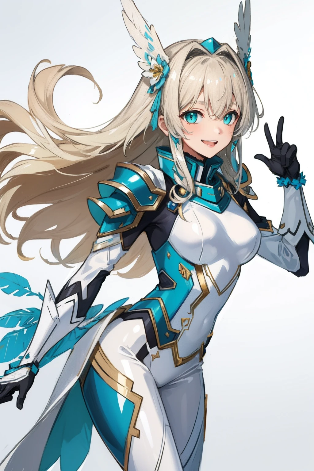 (master piece, Best Quality), Intricate details, valkyrie, kawaii, Happy smile, (((Laugh))), Hand up, Looking at Viewer, Feather Headgear, Flower meadow,
1 girl in, Solo, Portrait, Tentacle Plutinum Blonde Hair, drooping Turquoise eyes, Silver Single Thigh, White Independent Single Sleeve, gloves, Single braid,
mecha musume, White bodysuit, Silver Reinforced Suit, Mini Feather Wing, silver pantyhose, full armor, flower decoration
