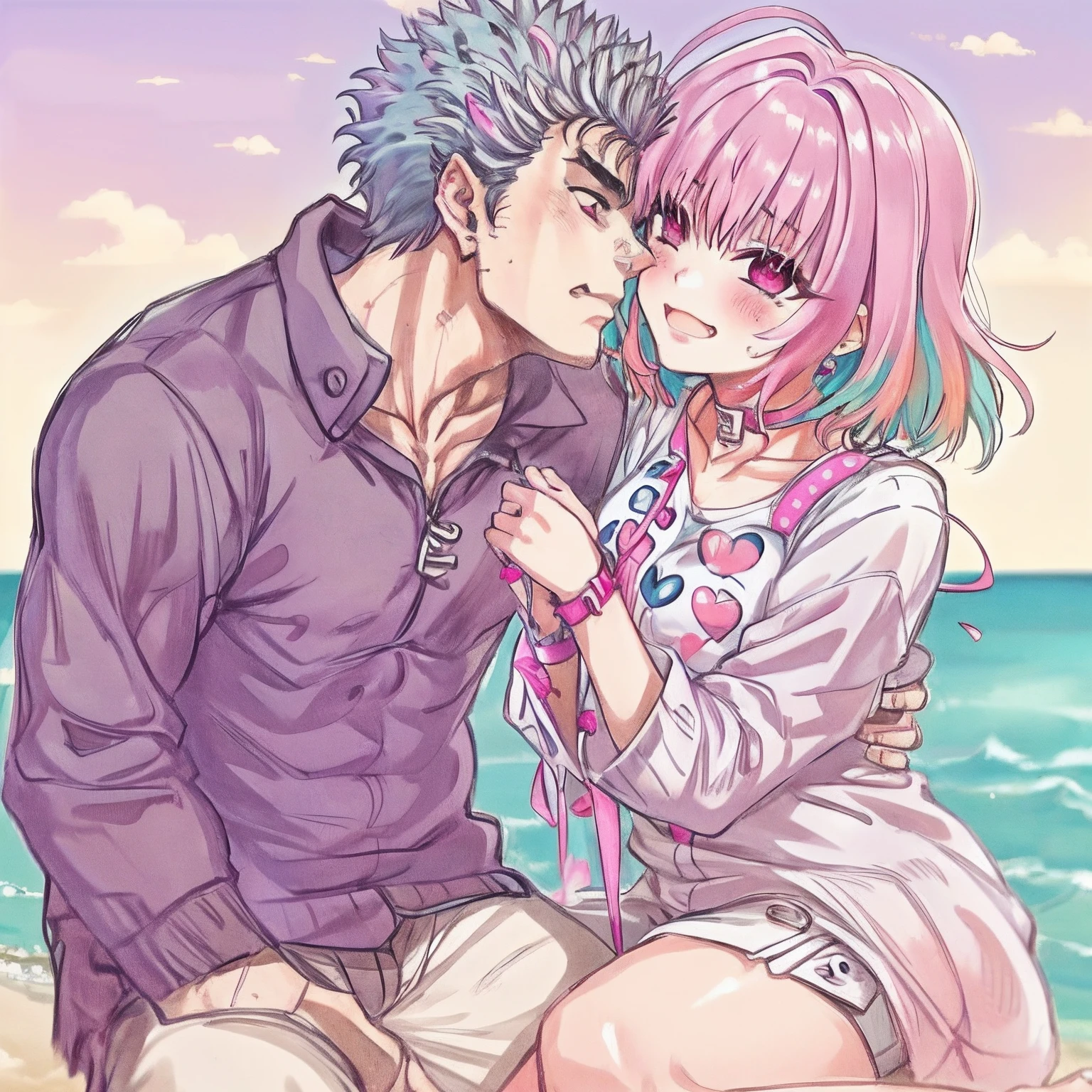 masterpiece, best quality, 1girl, riamu, blue shirt, pleated skirt, solo, simple background, bikini, beach, riamu and guts, husband and wife, couple happy in a beach, , purple hair,1boy, sitting in couple, affection, love,relationship, lovey dovey, happy, , smile, 2character, guts pants, kiss, kissing, guts pullover, riamu bikini, pregnant riamu