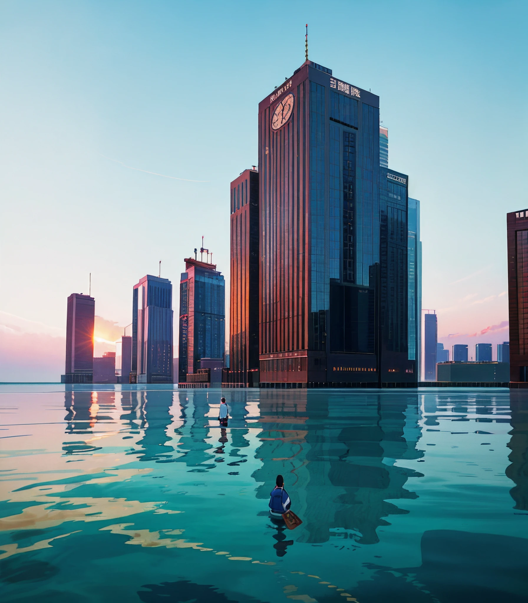 At dawn,A person stands on the square of a tall building,Face away from the screen,Facing other tall buildings,The tall buildings are submerged by the sea,Faintly, you can see the shadow of a fishman in the water。