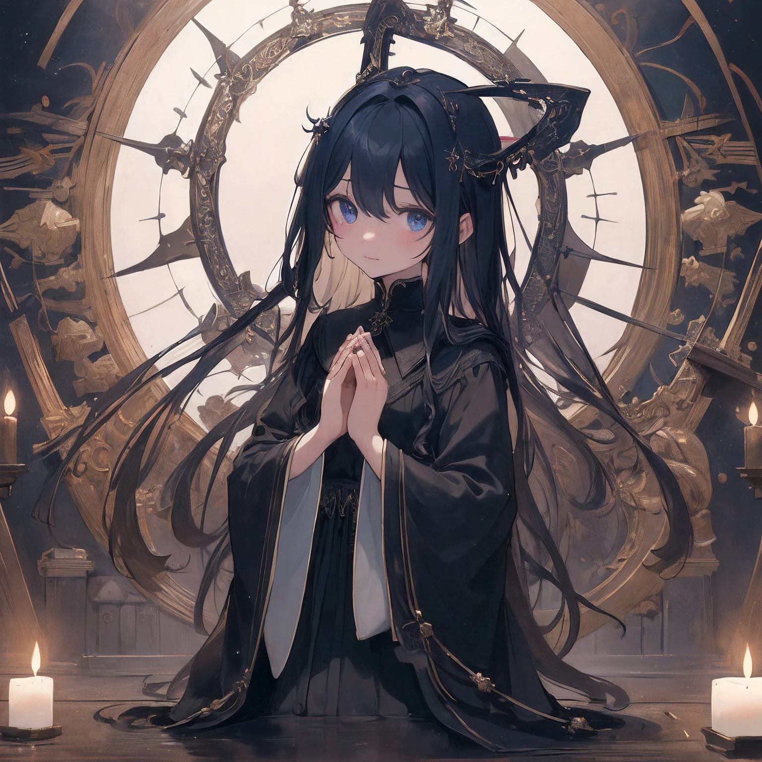 (​masterpiece、top-quality、hightquality)、1little girl、18-year-old girl、long wavy hair of dark blue color、Black and white gothic costume、religion、Sister、Halo、Deities、mistic、Offering Prayers、fold hand with、befall、Rear wheels、Decoration like a religious painting