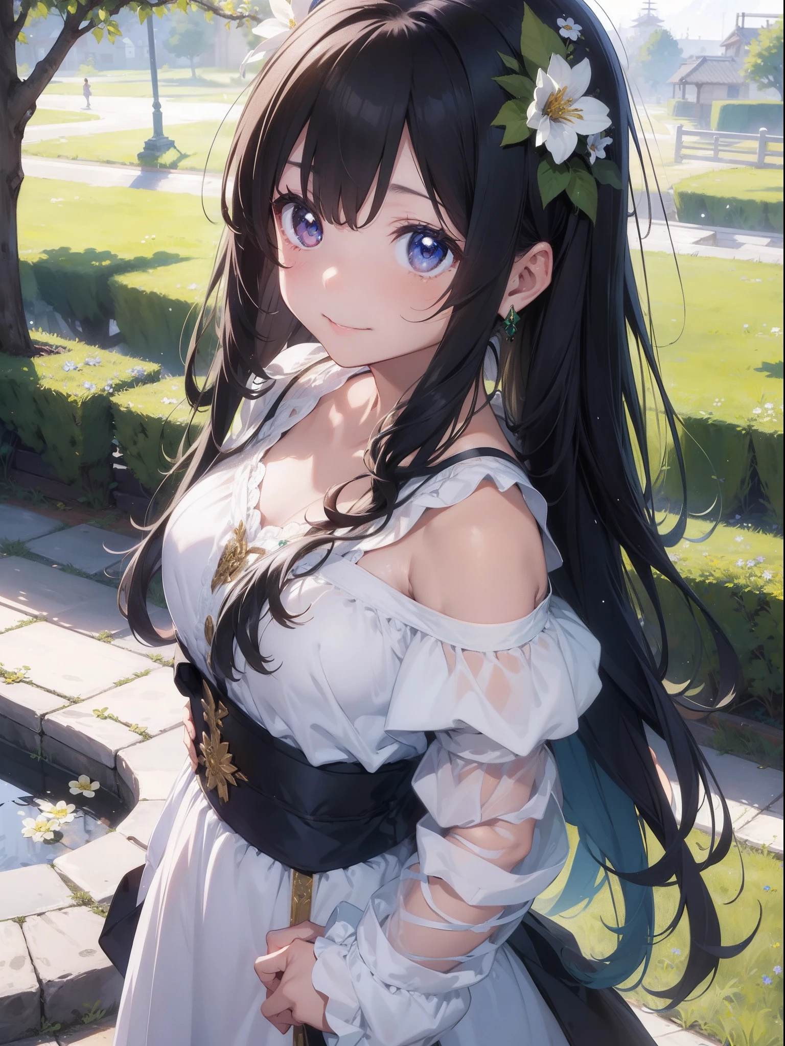 masterpiece、Hold the bow、、one girls、、Realistic depiction of each hair、Eyes that shine realistically、a smile、Elaborate floral armor、lots of flower々Surrounded by、Contre-Jour、Emerald jewelry on chest、Shining emblem on shoulder rest、