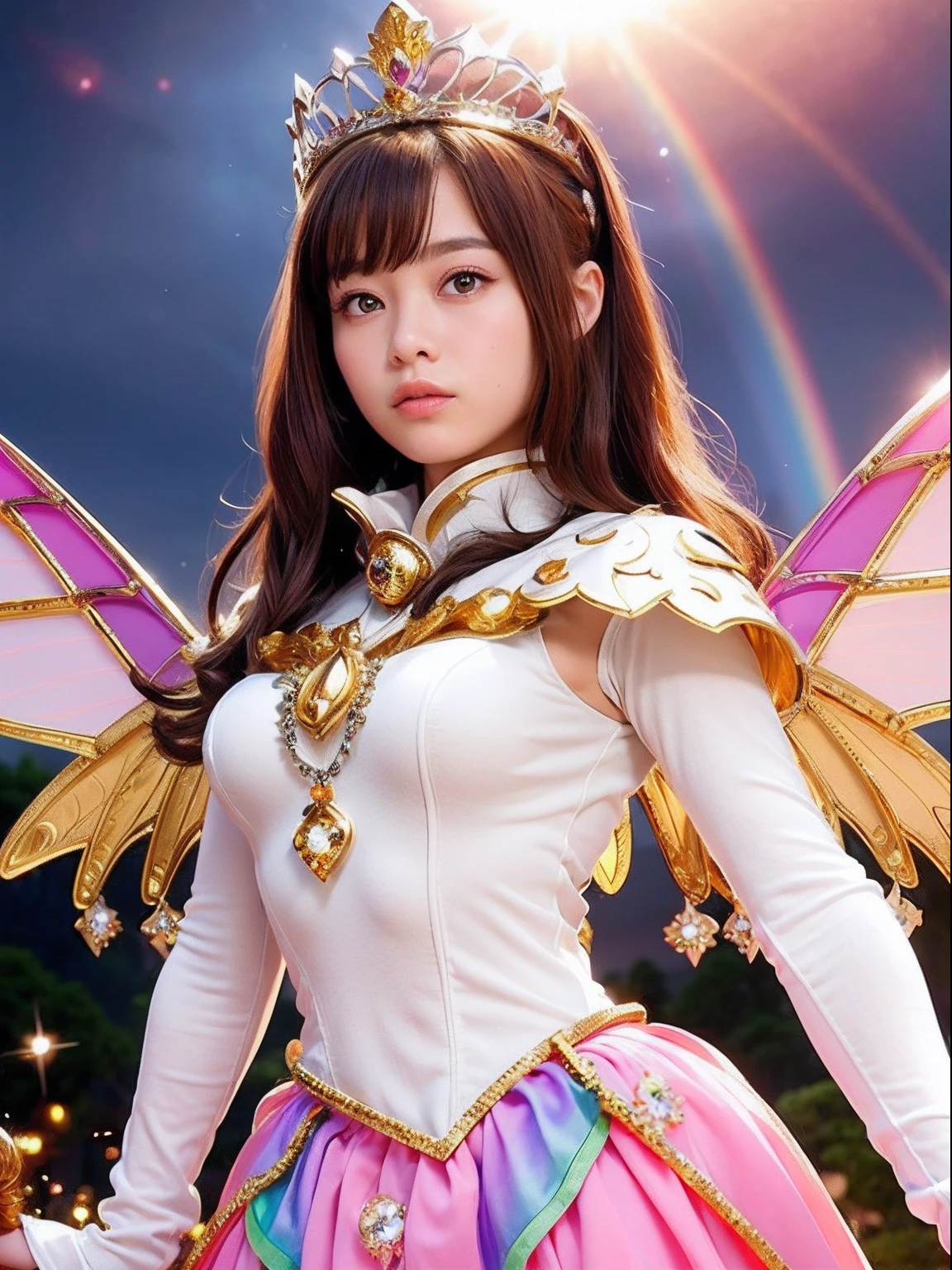 Professional , ​masterpiece、top-quality、photos realistic , depth of fields （Gemstone Silver Metal Body:1.９),(Matte White Pink、Jewel Gold Weapon、（Gorgeous castle background）、（ultimate beauty girl）、（Rainbow fairy wings grow）、Particles of light、（Metal body of iridescent gemstones:1.９),Gorgeous Jewel Metal Weapons , Detailed Sword of the Brave ,（ a blond）    , adepta sororitas,Detail and ornate jewel crown、独奏、Brown hair、Mystical expression、（Gangle's forest background）、Beautiful Caucasian beauty、１a person、dynamic ungle,(((Diamond tiara with detail and luxury)))、a small face、Beautiful poses、（Gorgeous castle background）、huge filesize、Beautiful girl at 16 years old、Stand in the center of the screen、Thin female fingers、Straight long hair、Beautiful Caucasian beauty、（maikurobikini）、Hair fluttering in the wind、face forwards、Look at viewers、（Armpit）、Armpit、