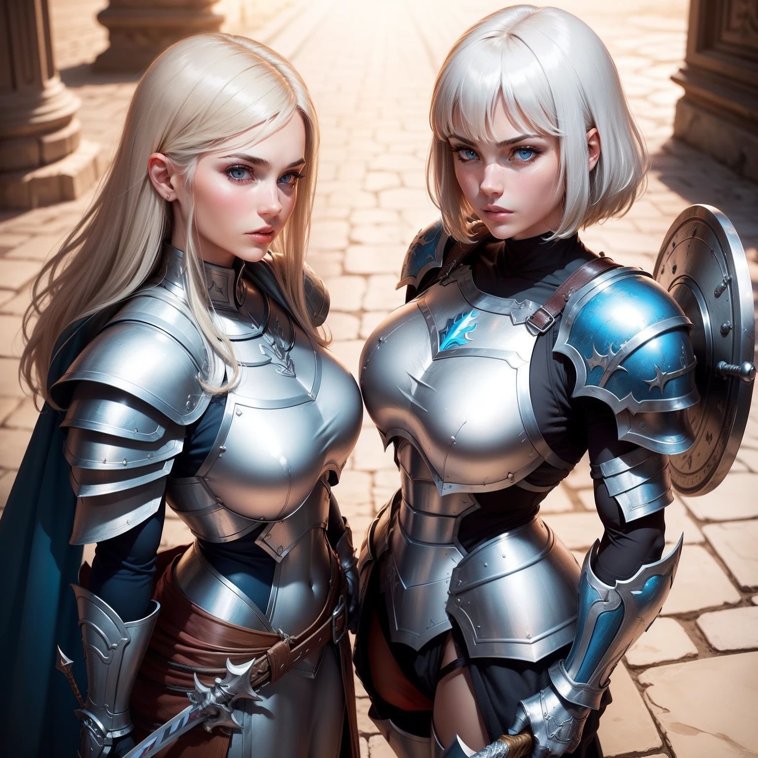 Beautiful muscular woman paladin　１a person　White and silver armor　brown haired　Short Bob　stern face　sharp blue eyes　With a sword and shield