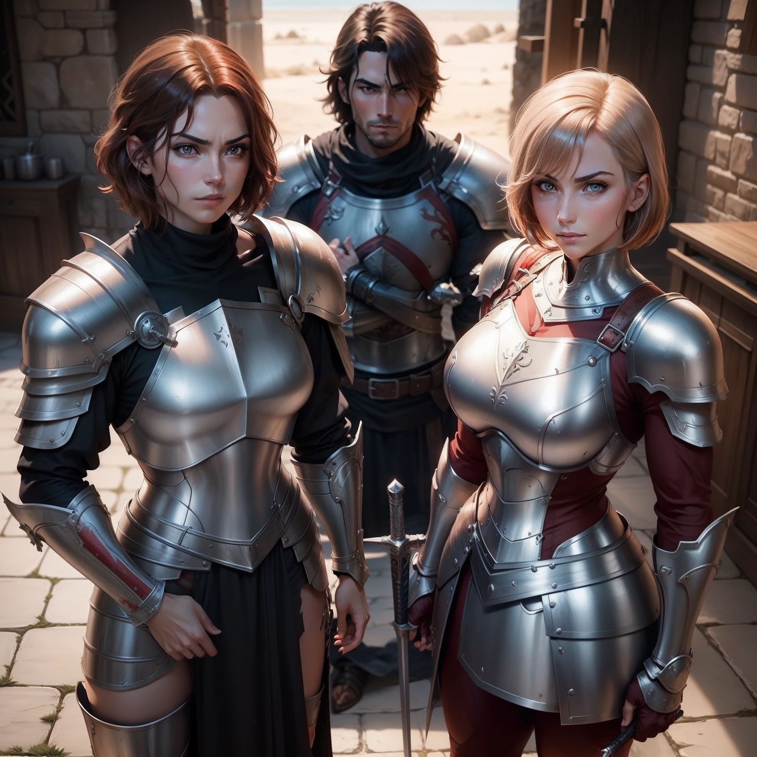 1a person Beautiful muscular woman paladin Red and silver armor Short bob with brown hair harsh eyes With a sword and shield