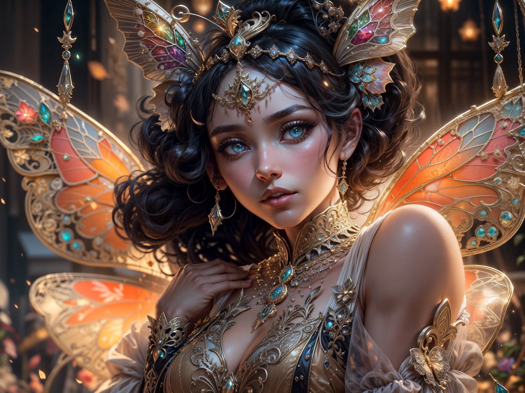 This is a realistic fantasy masterpiece with lots of shimmer, glitter, and intricate ornate detail. Generate one petite woman with a beautiful and delicate crown sitting on a garden swing at night. She is a beautiful and seductive butterfly queen with stunning curly black hair, (((incredibly realistic and detailed dynamic eyes in bright colors with realistic shading))).  Her skin is translucent white, her eyes sparkle, and her dress is elegant. Her dress is spun of the finest gossamer silk with delicate, intricate, and subtle floral detailing and gold silk butterfly sleeves. Her face is lovely and lonely. Include glow-in-the-dark flowers, lots of particles, highly realistic fantasy butteflies with translucent jewel-toned wings and fine detailing, and glow. The artwork is done in the style of Guviz and brings to mind masters in the genre such as trending fantasy works on Artstation and Midjourney. Camera: Utilize dynamic composition techniques to emphasize etherealness and delicate detail.