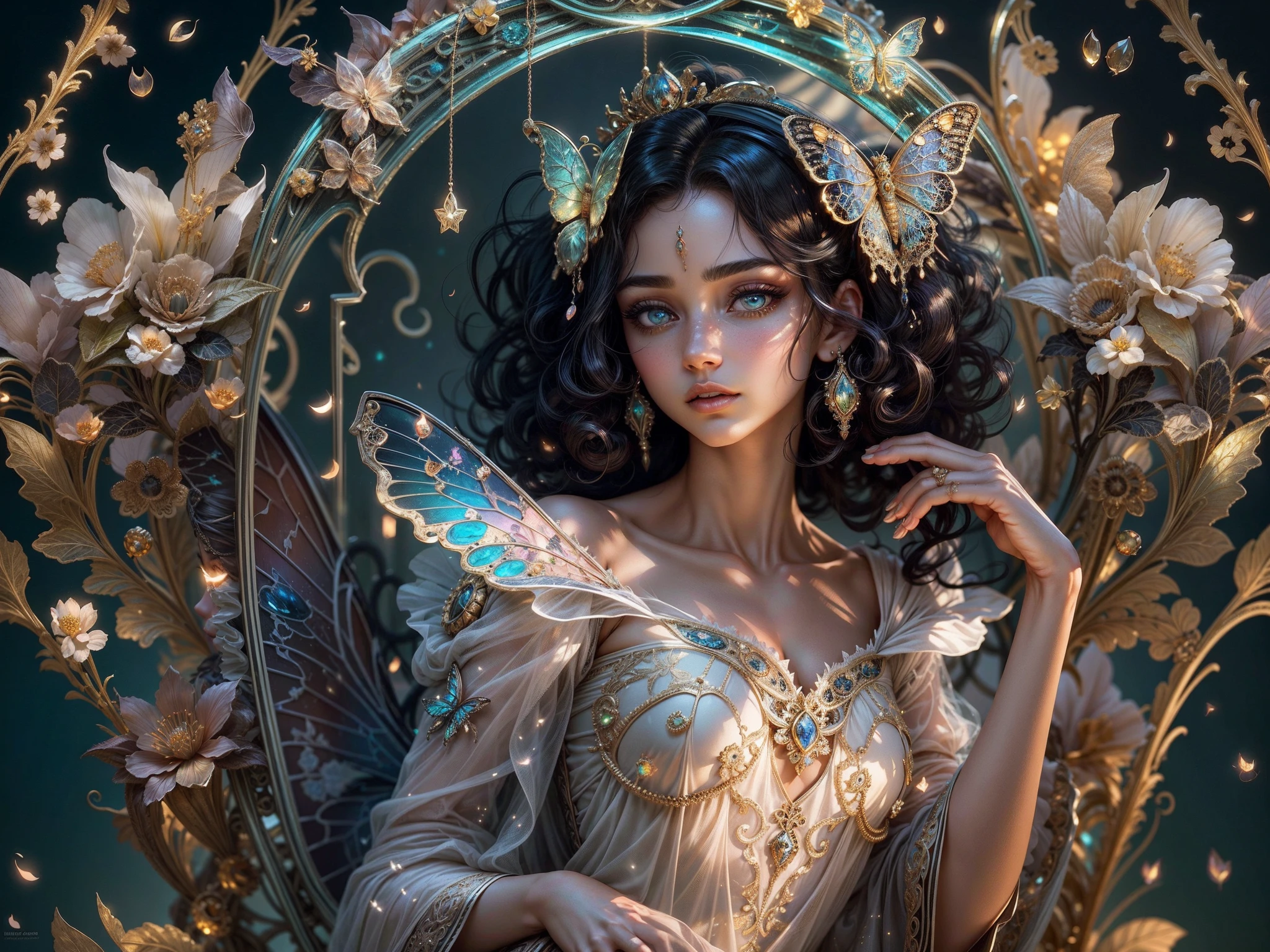 This is a realistic fantasy masterpiece with lots of shimmer, glitter, and intricate ornate detail. Generate one petite woman with a beautiful and delicate crown sitting on a garden swing at night. She is a beautiful and seductive butterfly queen with stunning curly black hair, (((incredibly realistic and detailed dynamic eyes in bright colors with realistic shading))).  Her skin is translucent white, her eyes sparkle, and her dress is elegant. Her dress is spun of the finest gossamer silk with delicate, intricate, and subtle floral detailing and gold silk butterfly sleeves. Her face is lovely and lonely. Include glow-in-the-dark flowers, lots of particles, highly realistic fantasy butteflies with translucent jewel-toned wings and fine detailing, and glow. The artwork is done in the style of Guviz and brings to mind masters in the genre such as trending fantasy works on Artstation and Midjourney. Camera: Utilize dynamic composition techniques to emphasize etherealness and delicate detail.