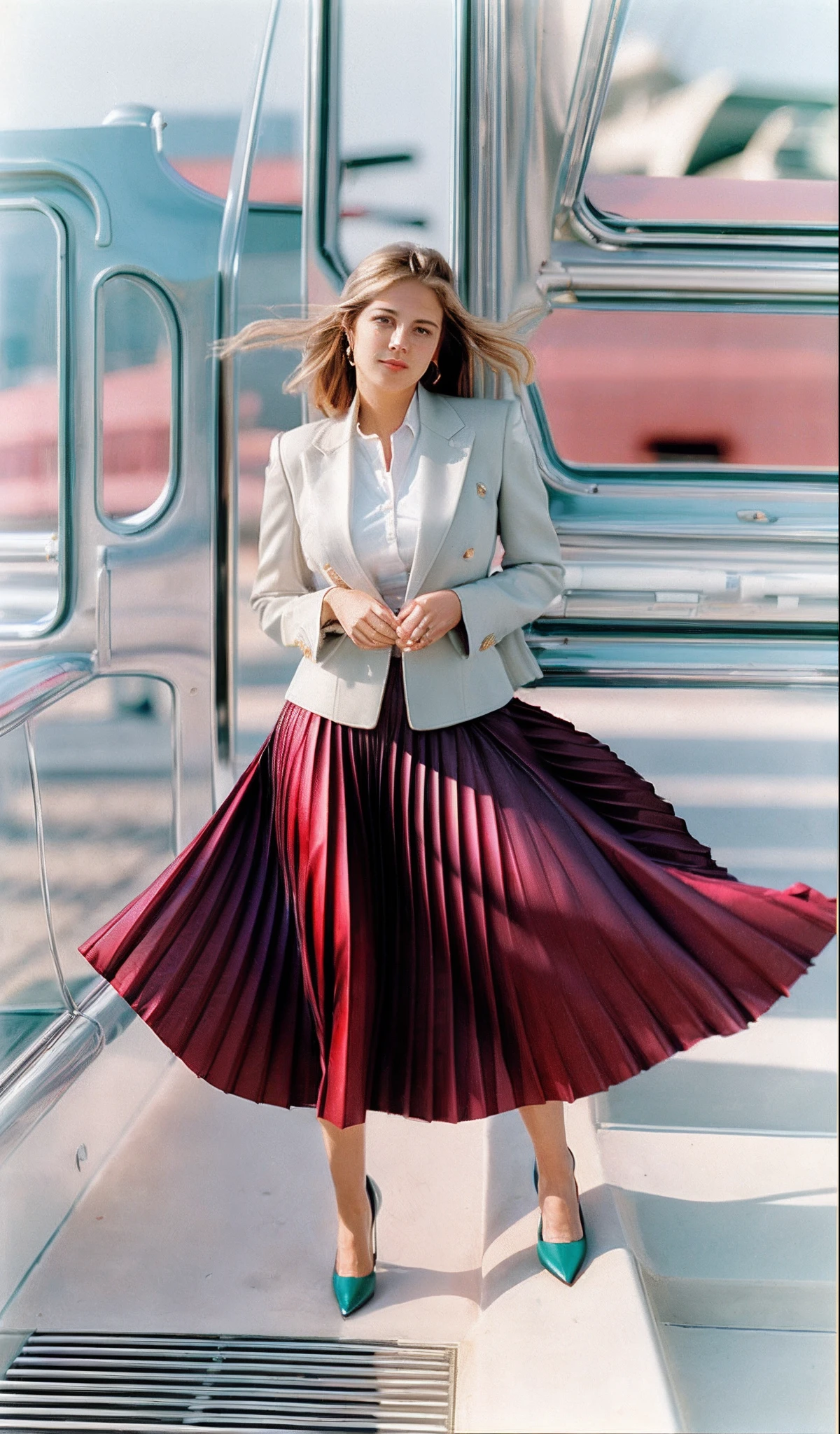 year 1994, lesbian space therapist, very (flirty:1,5) smiling good women wearing a short blazers and very very detailed (long (fully pleated) full circle skirts) and (simple) low heeled office shoes, very very intricate hyper-detailed symmetric (attractive graceful young feminine faces) with (sad, tired eyes and a shy smile), large breasts, full of empathy and compassion and love, (pronounced (feminine) features), (highly detailed ultra accurate realistic) hands and fingers, (windy conditions and wind blowing), epic composition, highly detailed attributes, highly detailed atmosphere, (35mm f1.4 Kodak portra 400 photograph), extremely high quality RAW photograph,