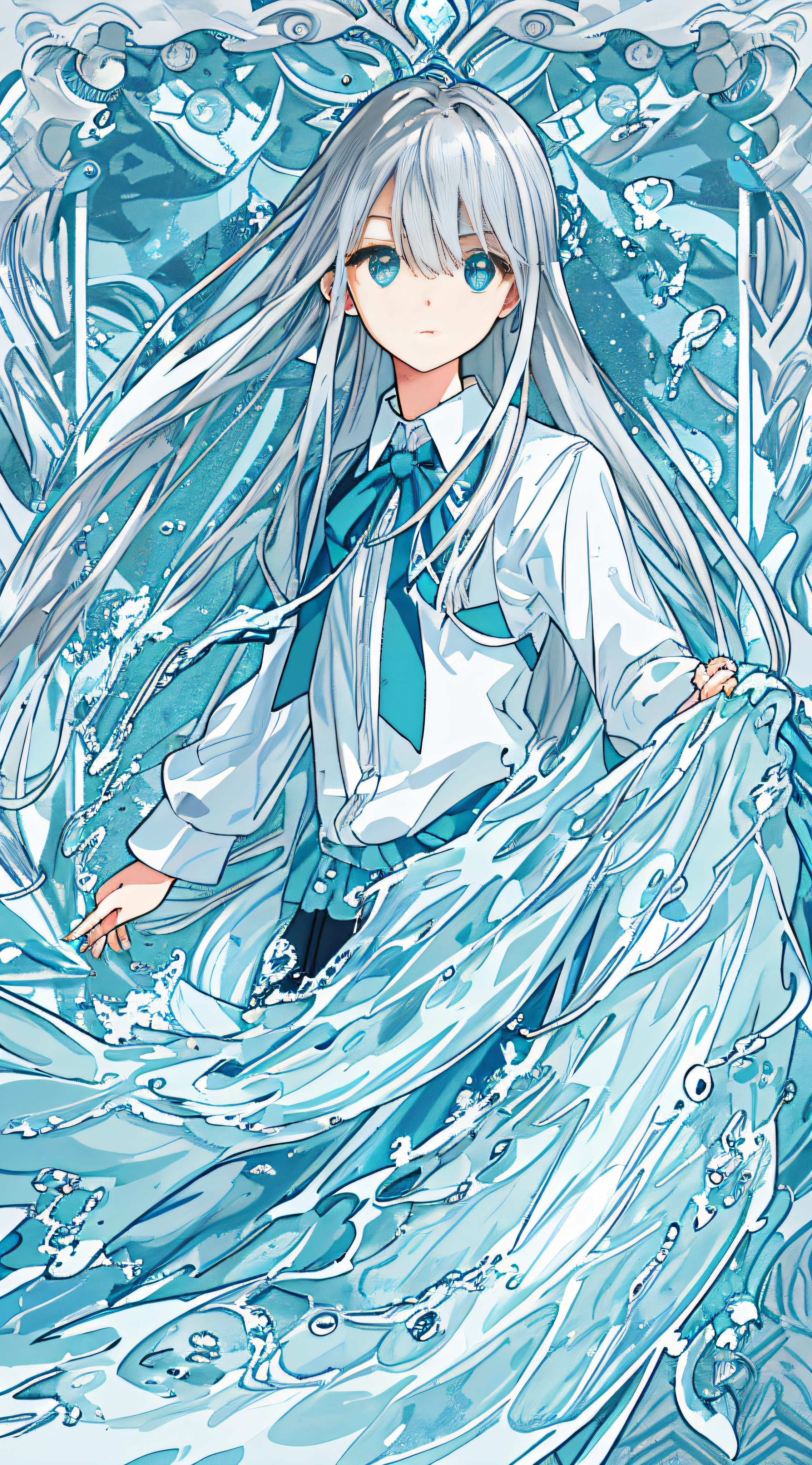 tmasterpiece,Need,illustration,Ocean blue,The shirt,aquamarine,1girll,Girl with long silver hair,silber hair,(Dinamic Light:1.2),cinematric light,Delicate facial features,A detailed eye,Sharp pupils,realistic pupil,sharp fokus,water flowing,Ocean features