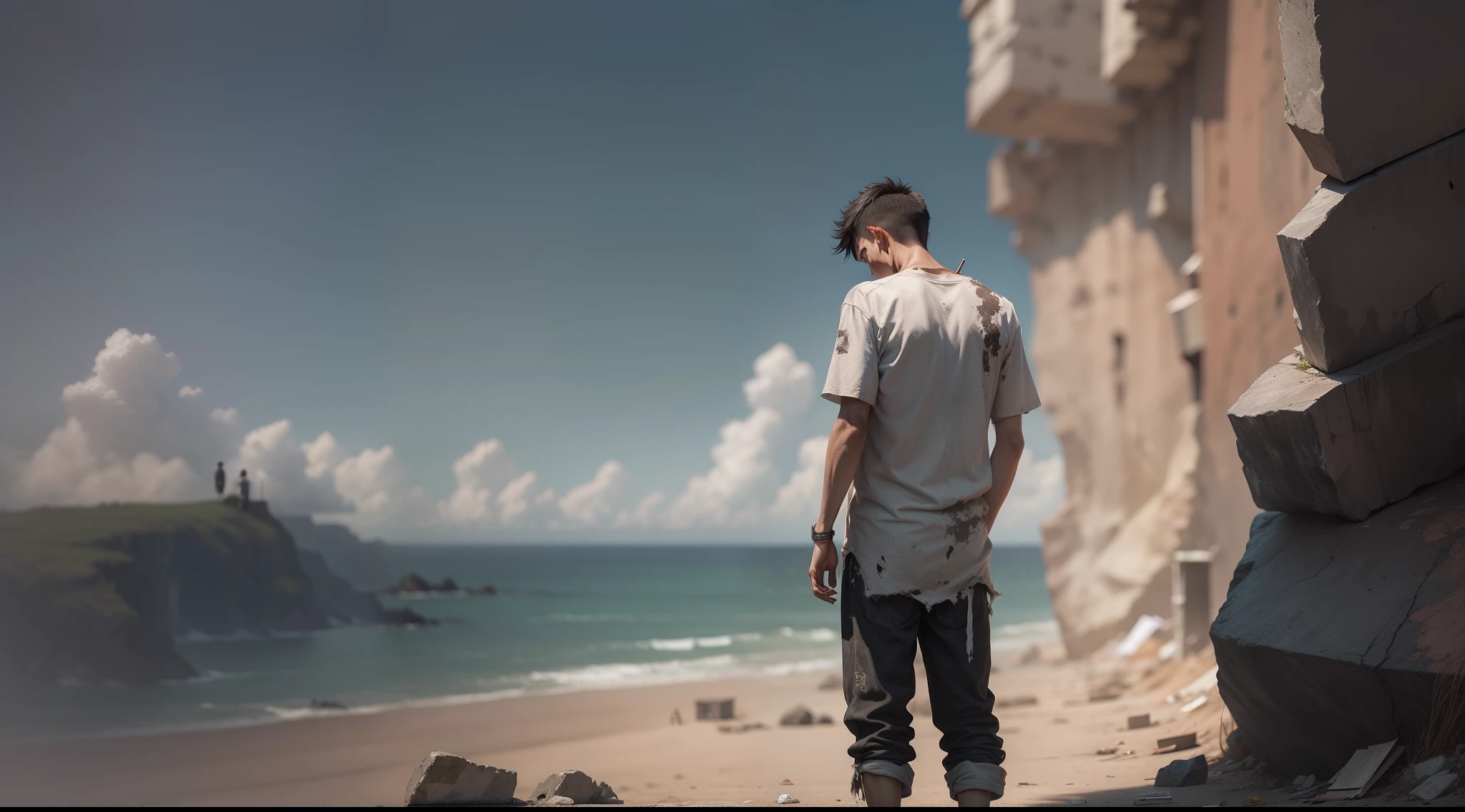 Remains of a cliff wall,A skinny one,Clothes are tattered,Asian people,Back Shadow,A tall, thin young man stood with his back in it,Cigarette in hand,down and out,helplessness,darkly,Live-action rendering