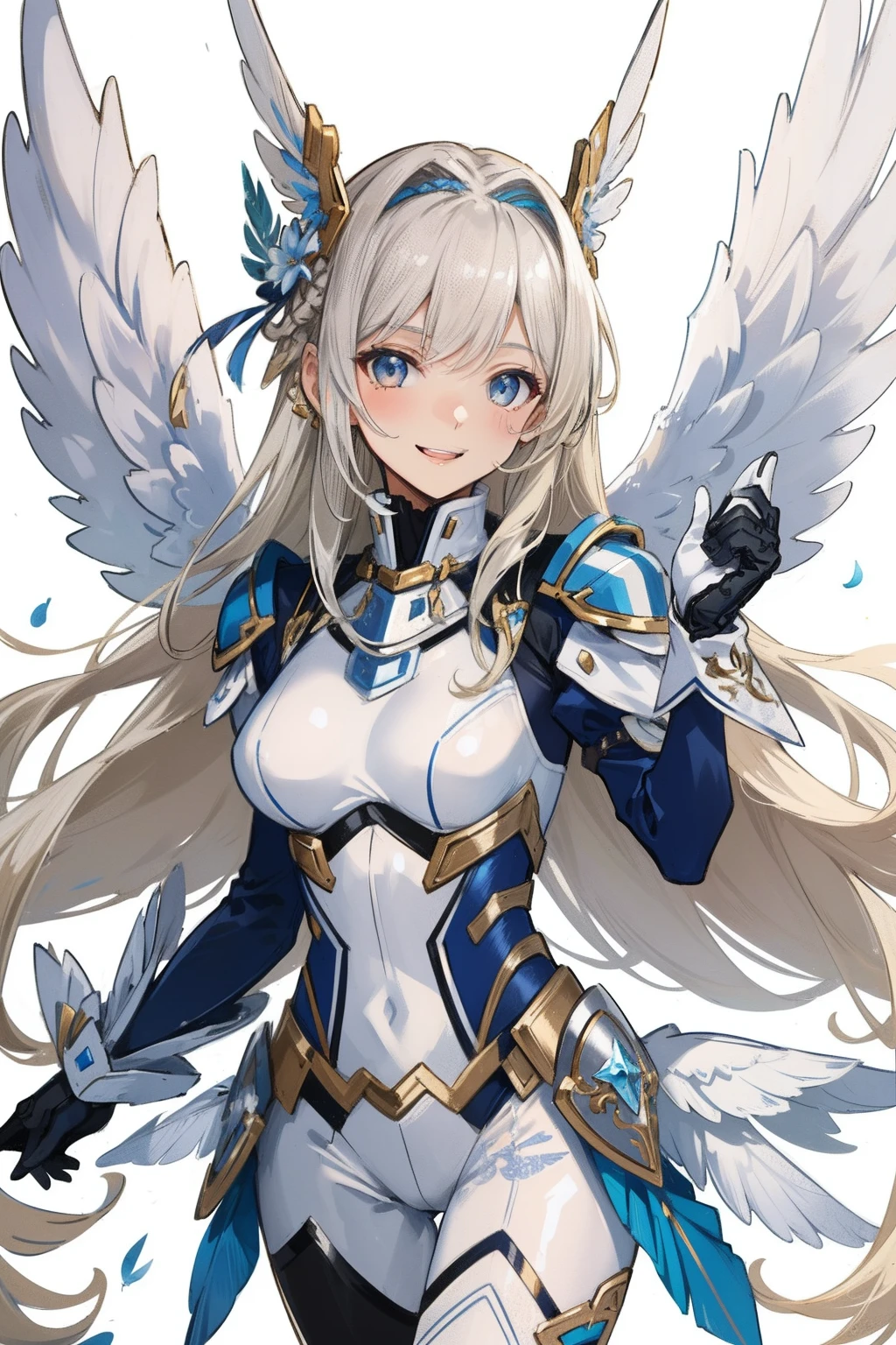 (master piece, Best Quality), Intricate details, valkyrie, kawaii, Happy smile, (((Laugh))), Hand up, Looking at Viewer, Feather Headgear, Flower meadow,
1 girl in, Solo, Portrait, Tentacle Plutinum Blonde Hair, drooping silver eyes, Silver Single Thigh, White Independent Single Sleeve, gloves, Single braid,
mecha musume, White bodysuit, Silver Reinforced Suit, Mini Feather Wing, silver pantyhose, full armor, flower decoration