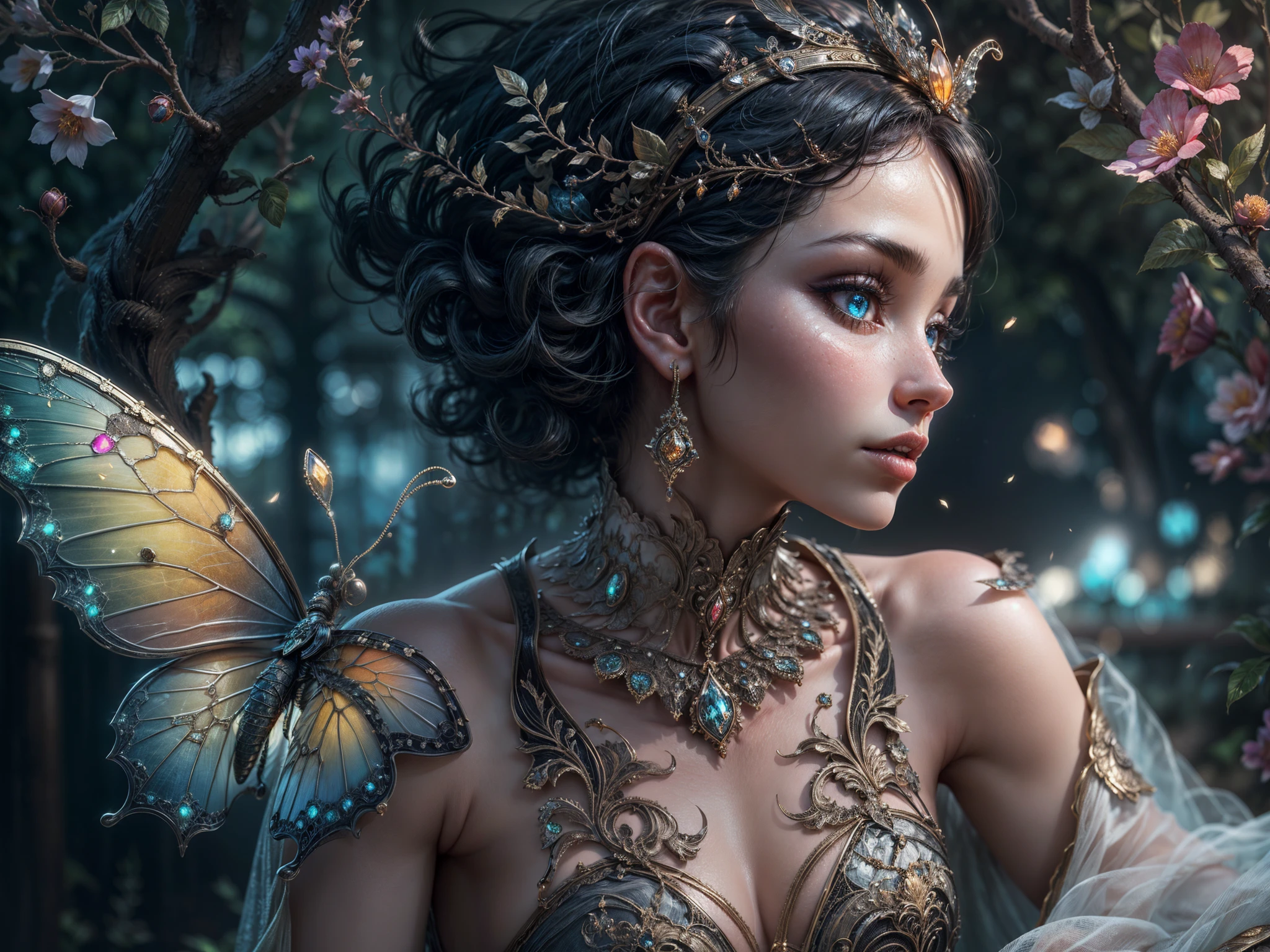 This is a realistic fantasy masterpiece with lots of shimmer, glitter, and intricate ornate detail. Generate one ite woman with a beautiful and delicate crown sitting on a garden swing at night. She is a beautiful and seductive butterfly queen with stunning curly black hair, (((incredibly realistic and detailed dynamic eyes in bright colors with realistic shading))). Her skin is translucent white, her eyes sparkle, and her dress is elegant. Her dress is spun of the finest gossamer silk with delicate, intricate, and subtle floral detailing and gold silk butterfly sleeves. Her face is lovely and lonely. Include glow-in-the-dark flowers, lots of particles, highly realistic fantasy butteflies with translucent jewel-toned wings and fine detailing, and glow. The artwork is done in the style of Guviz and brings to mind masters in the genre such as trending fantasy works on Artstation and Midjourney. Camera: Utilize dynamic composition techniques to emphasize etherealness and delicate detail.