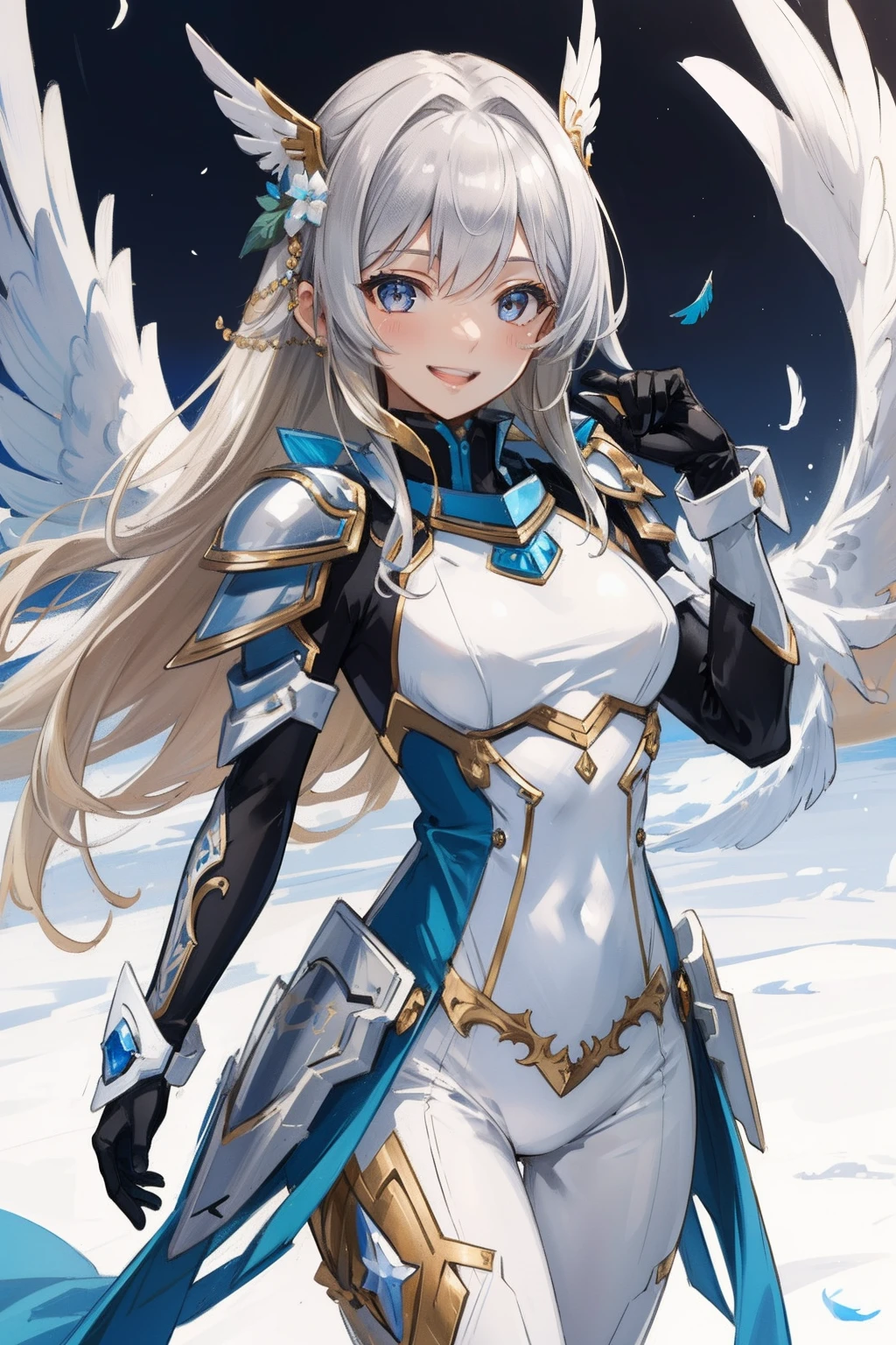 (​master piece, Best Quality),  Intricate details, valkyrie, kawaii, Happy smile, (((Laugh))), Hand up, Looking at Viewer, Feather Headgear, Flower meadow, 
1 girl in, Solo, Portrait, Tentacle Plutinum Blonde Hair, drooping silver eyes, Silver Single Thigh, White Independent Single Sleeve, gloves, Single braid, 
 mecha musume, White bodysuit, Silver Reinforced Suit, Mini Feather Wing, silver pantyhose, full armor, flower decoration