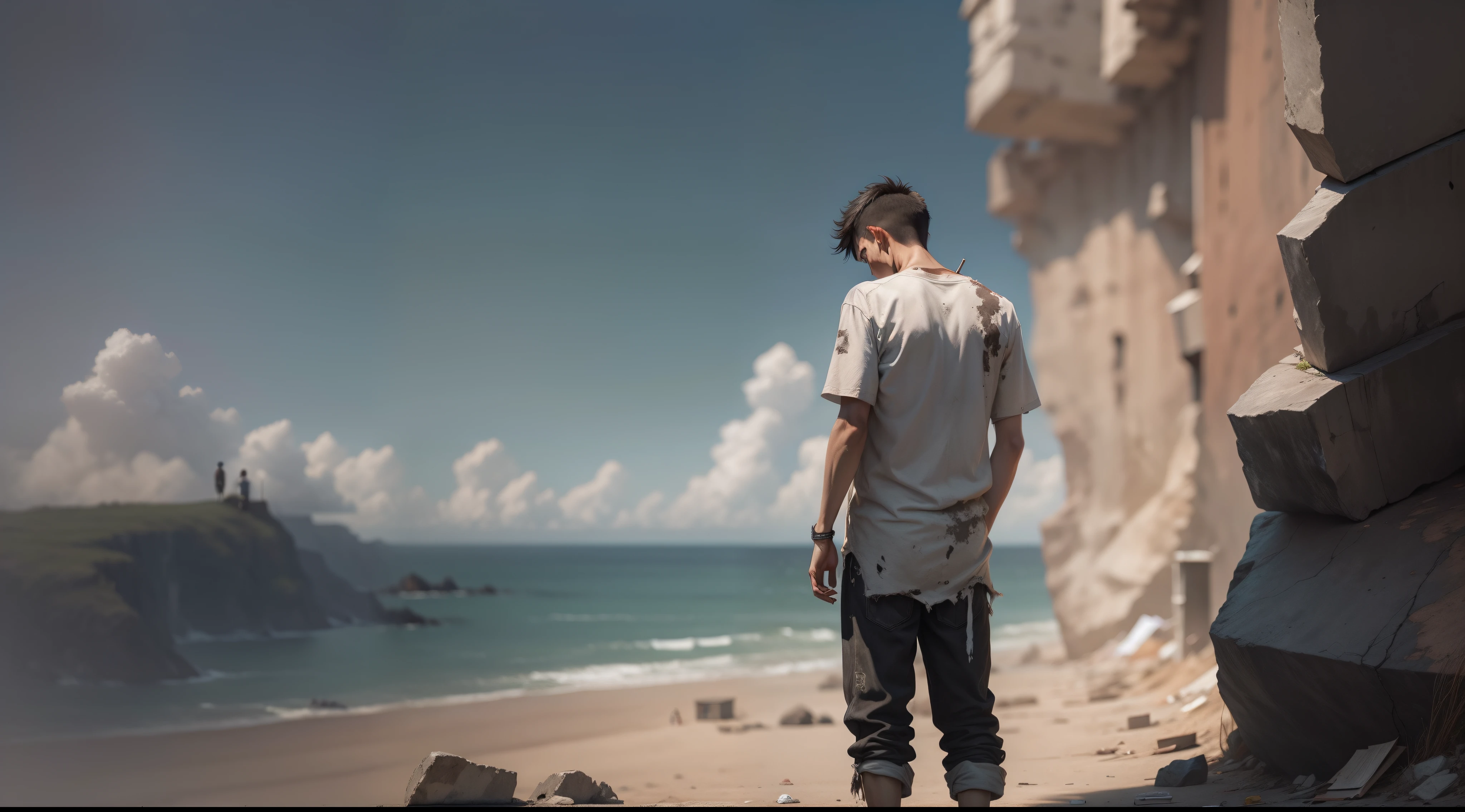 Remains of a cliff wall,A skinny one,Clothes are tattered,Asian people,Back Shadow,A tall, thin young man stood with his back in it,Cigarette in hand,down and out,helplessness,darkly,Live-action rendering