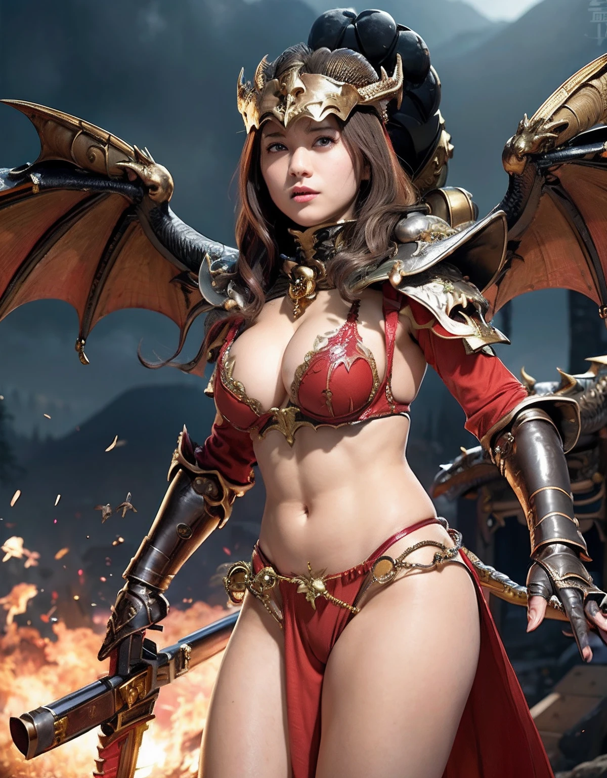 Professional , ​masterpiece、top-quality、photos realistic , depth of fields 、（Dragon Red Metal Body:1.９),(Enamel Red、（cleavage of the breast）、Dragon Gold Weapon、（Red Micro Bikini Armor:1.４),Gorgeous gold weapons ,（（ Dragon's dense and gorgeous sword）） , （demonic wings）、（（a blond））、（Castle background）、（（Gangle's forest background））、（（Fight dragons））、Beautiful Caucasian beauty、１a person、dynamic ungle,(((Detailed and ornate dragon helmet)))、Smaller head、A smile、Castle background、Thin and beautiful female hands、cleavage of the breast、Soldier in iron armor on background、Mystical expression、Light Effects、intense fighting、Wind-effect、magic circles、With the legendary magic wand、Dragon's tail、explosions、