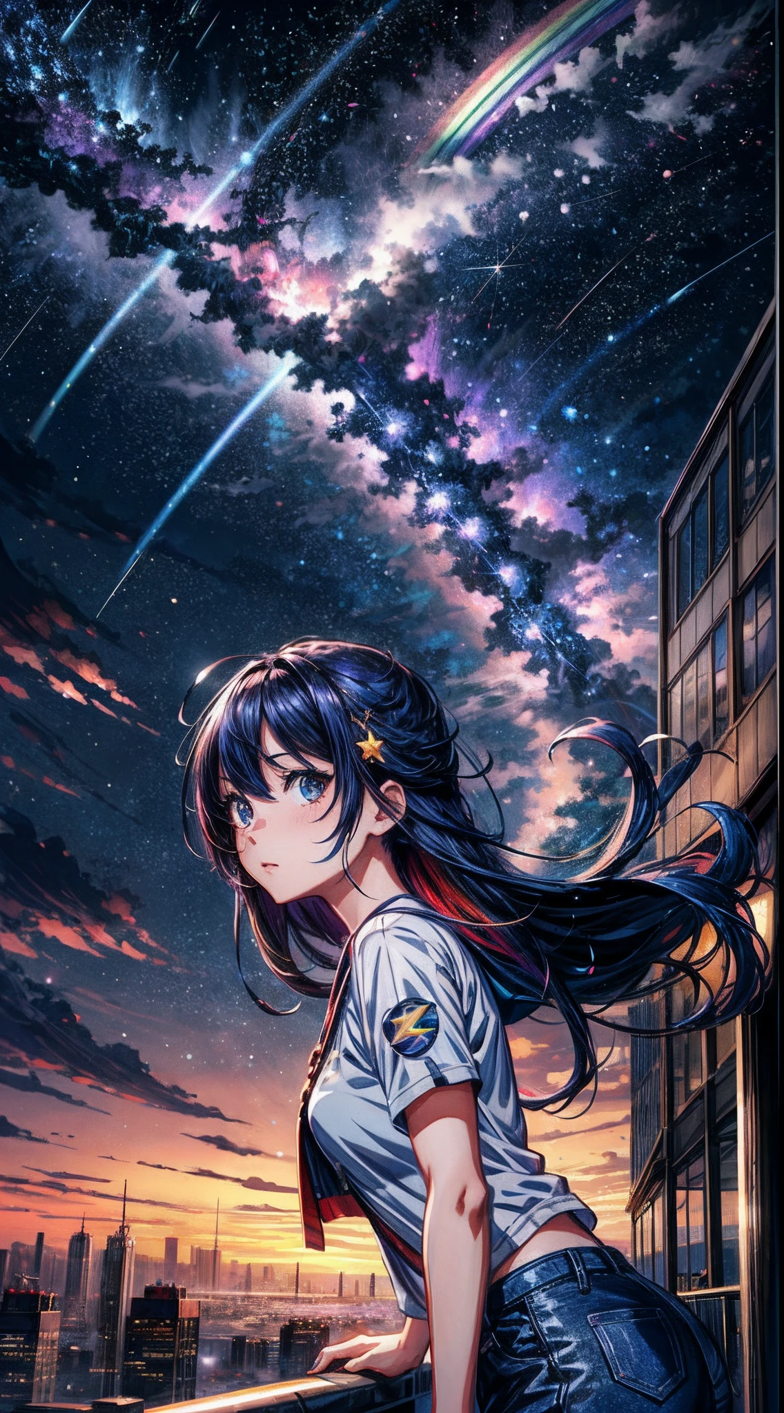 ((Rainbow Giant Shooting Star))、Anime girl looking at big city landscape,Near Future City、 makoto shinkai cyril rolando, anime art wallpaper 4k, anime art wallpaper 4k, Anime art wallpaper 8k, inspired by Cyril Rolando, in the style dan mumford artwork, amazing wallpapers, by Yuumei