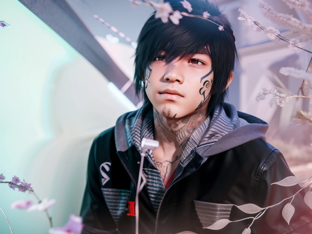 A young boy with face tattoo making, RAW photo, ultra realistic, unreal engine, ray tracing