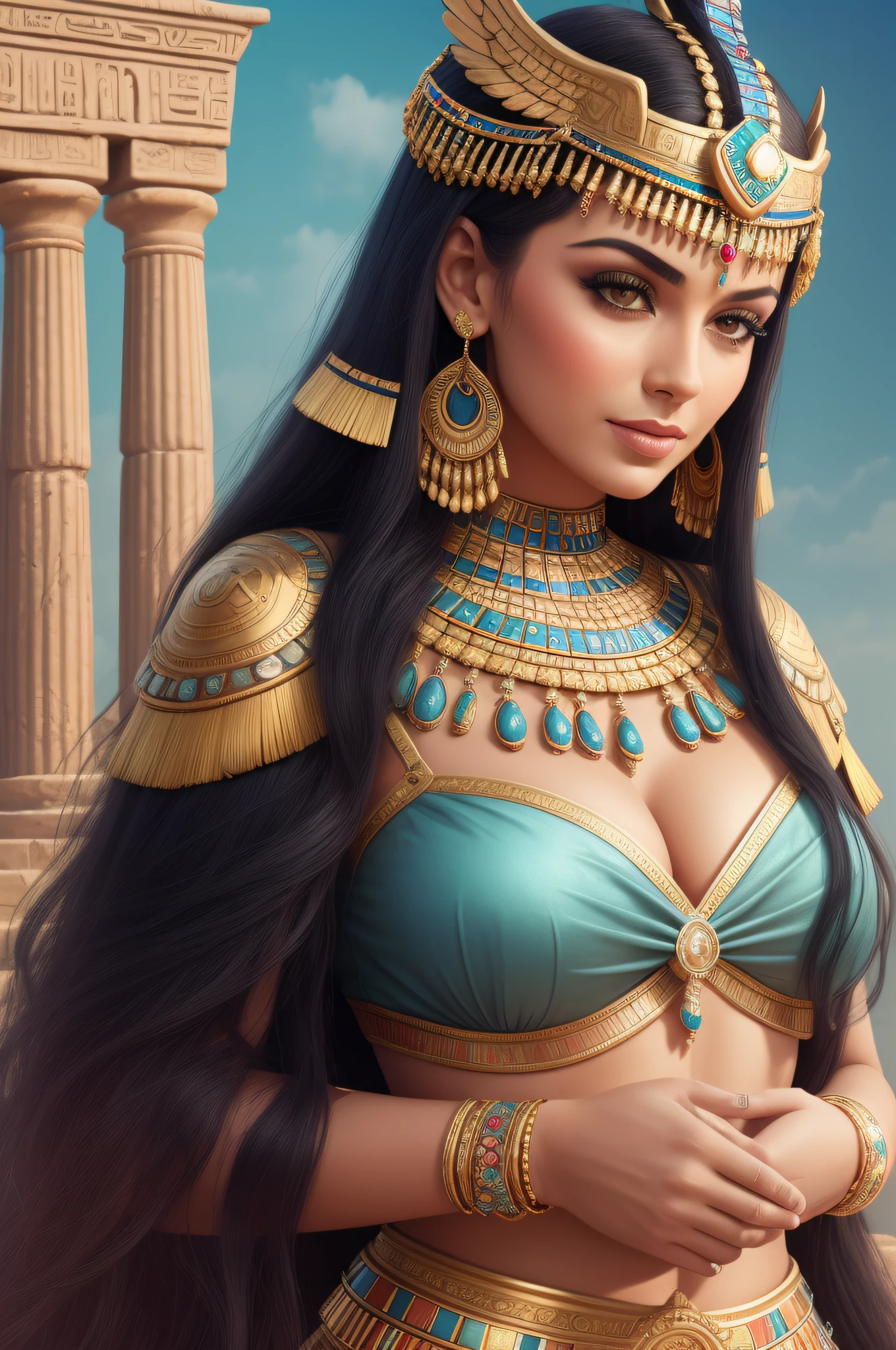 Cléopâtre, reine d'Égypte, Femme mature chaude, très enceinte, une peau de serpent, sexy , corps maternelle, Égypte antique, grosse poitrine, un temple égyptien,robe rouge et maron couleur sable, moule le corps, vêtements transparent, de long cheveux noirs raide , orné de nombreux bijoux enceinte de quintuplé, poitrine gonflé qui ejecte du lait, dents serpent visible, sourit, avec des yeux doré, pupilles reptilienne, femme serpent, gorgone.