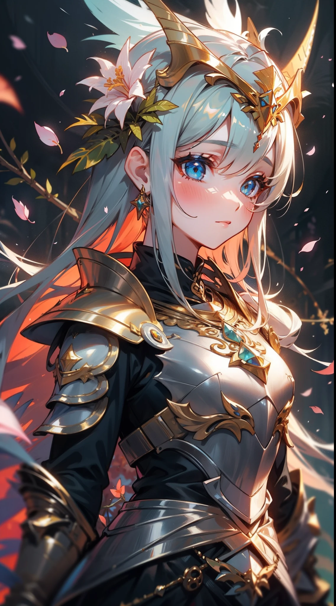 Uma deusa da floresta com uma coroa de flores, wearing colorful armor with petals and shiny jewelry, em uma floresta de folhas azuis, with cosmic sky