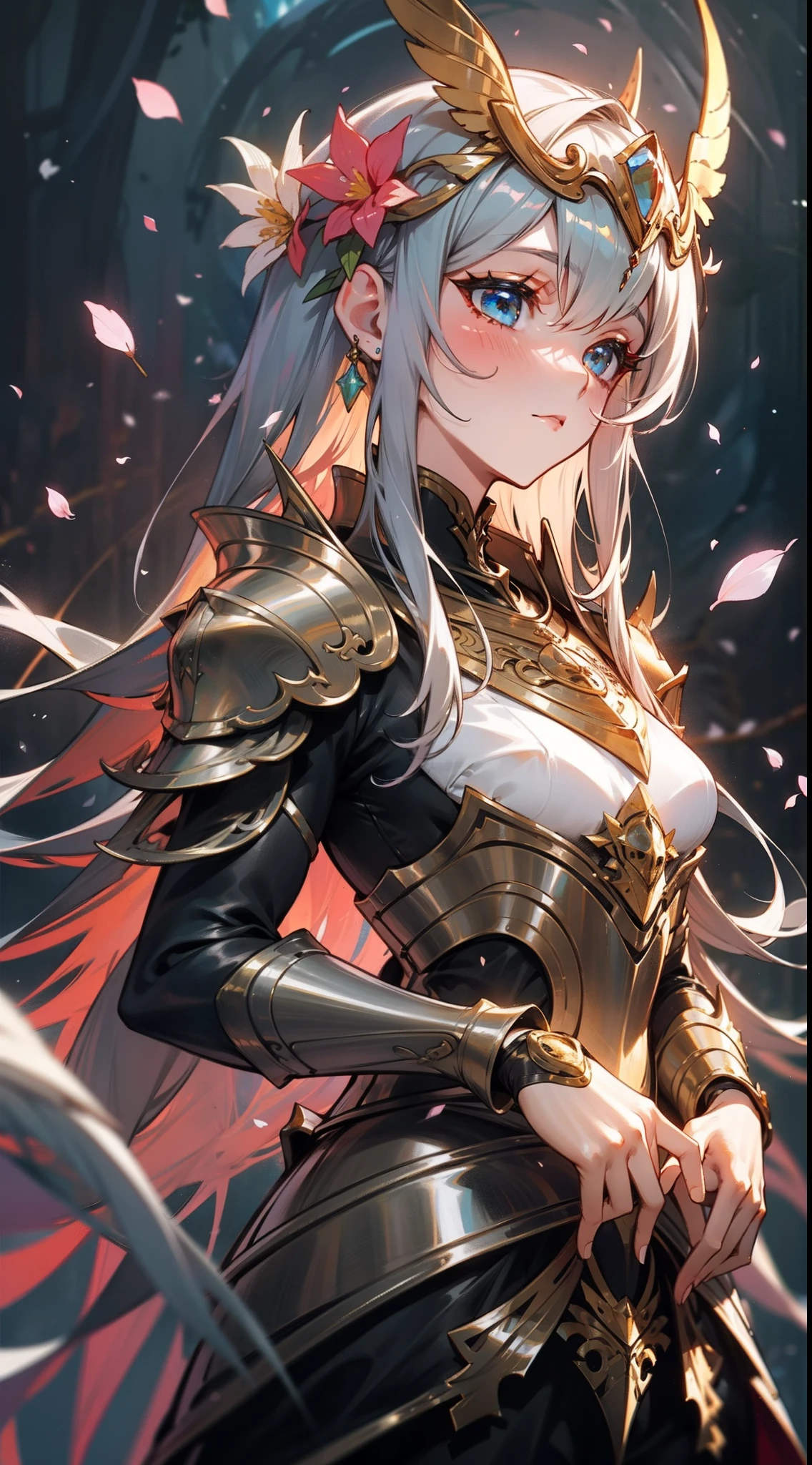 Uma deusa da floresta com uma coroa de flores, wearing colorful armor with petals and shiny jewelry, em uma floresta de folhas azuis, with cosmic sky