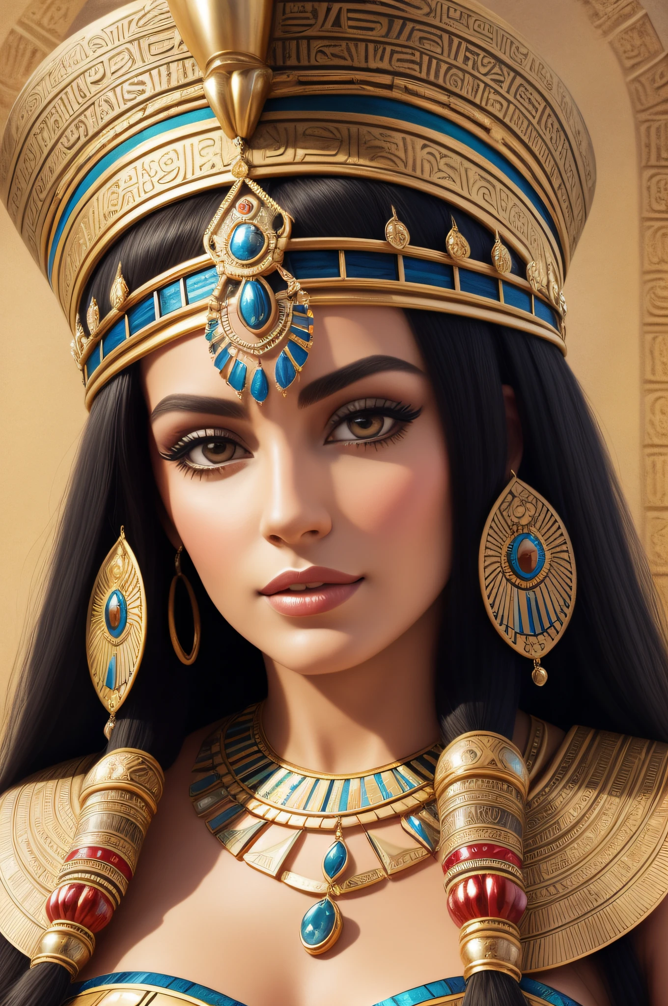 elegant snake priestess, serpentine features, mesmerizing golden eyes with slit pupils, delicate yet stern facial features, hidden venomous fangs, ebony serpent scales visible on her arms, hips, abdomen, regal yet practical robed attire, feline grace with an underlying tension, embodiment of ancient Stygian mysticism, magic and mystery, (best quality,4k,8k,highres,masterpiece:1.2),ultra-detailed,(realistic,photorealistic,photo-realistic:1.37), dark fantasy, cinematic lighting, dramatic colors, atmospheric, chiaroscuro
Anumkhet, a striking and powerful hybrid priestess, stands in the sacred sanctuary of Seth, adorned in luxurious Egyptian-style garments inspired by Nefertiti. She wears flowing black silk clothing, elegantly draped with sand-colored fabric that accentuates her sculptural form. The garments are detailed with intricate Egyptian patterns, fitting closely to her measurements of 105-110 cm bust (F cup), 70-75 cm waist, and 105-110 cm hips, highlighting her divine femininity. Her long, dark hair cascades around her shoulders, and she is crowned with a golden headdress adorned with serpents and the symbol of Ra. The sacred space is bathed in a dim, gothic ambiance with deep shadows and muted, sandy tones. The atmosphere is heavy with an eerie, reverent silence, as ancient runes and serpent motifs adorn the stone walls, illuminated only by flickering torches. The entire scene emphasizes her divine presence and the blend of gothic and Egyptian influences.
