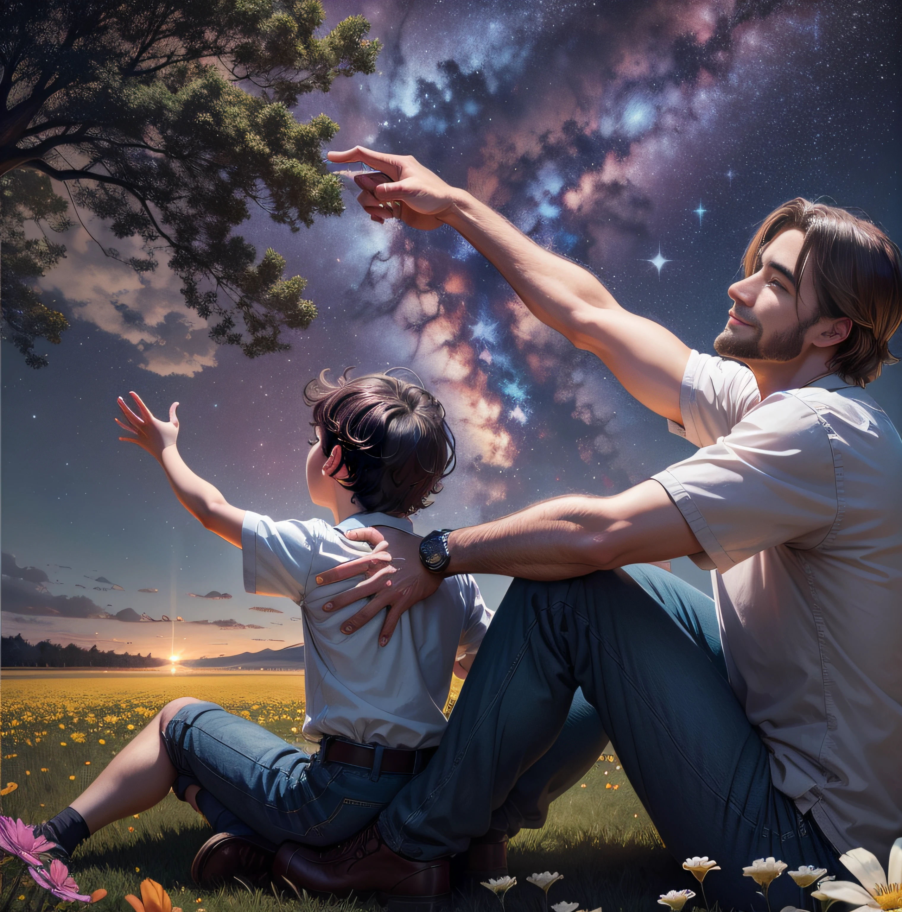 Father and son sitting on the ground watching the starry sky in the midst of the ezuberante nature, Father Points to Heaven, They're smiling and talking, many trees and flowers, ultrarrealista |, Arte Digital, 8k