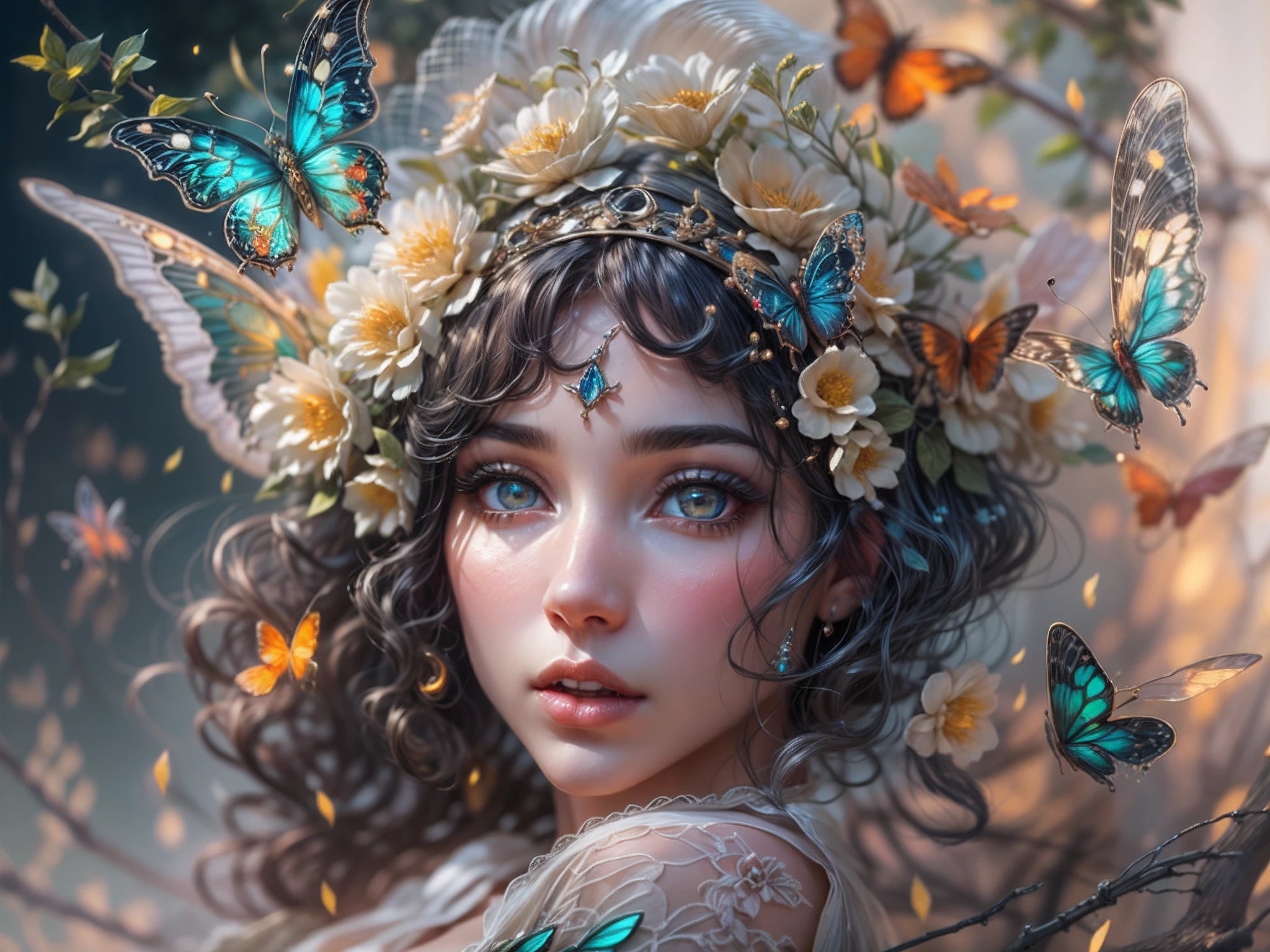 This is a realistic fantasy masterpiece with lots of shimmer, glitter, and intricate ornate detail. Generate one ite woman with a beautiful and delicate crown sitting on a garden swing at night. She is a beautiful and seductive butterfly queen with stunning curly black hair, (((incredibly realistic and detailed dynamic eyes in bright colors with realistic shading))).  Her skin is translucent white, her eyes sparkle, and her dress is elegant. Her dress is spun of the finest gossamer silk with delicate, intricate, and subtle floral detailing and gold silk butterfly sleeves. Her face is lovely and lonely. Include glow-in-the-dark flowers, lots of particles, highly realistic fantasy butteflies with translucent jewel-toned wings and fine detailing, and glow. The artwork is done in the style of Guviz and brings to mind masters in the genre such as trending fantasy works on Artstation and Midjourney. Camera: Utilize dynamic composition techniques to emphasize etherealness and delicate detail.