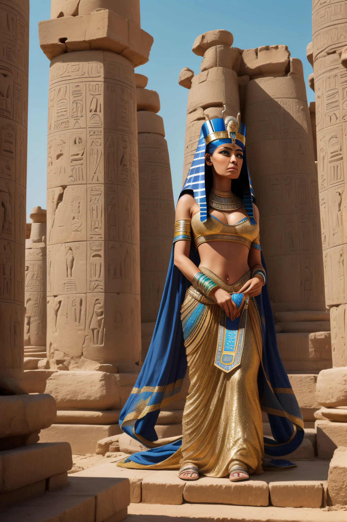 A Glass Egyptian queen stands atop a temple in Luxor before a huge fire, her eyes closed in contemplation as she seeks the answer to the age-old question of the meaning of life. A large cobra snake coils around her body upwards and looks straight into her face.